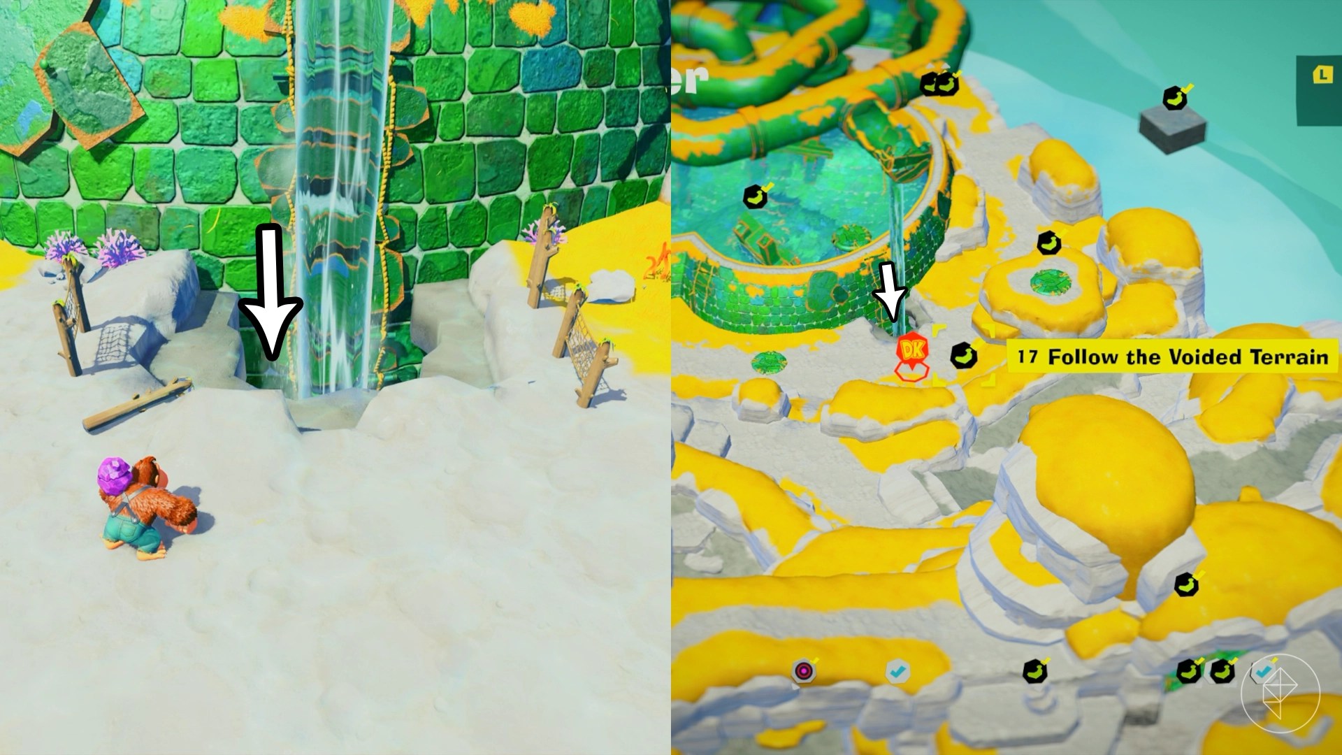 DK stands near ledges leading to the Bathing Banana gem in a split image showing a map of where to find Lagoon Layer Banandium Gem