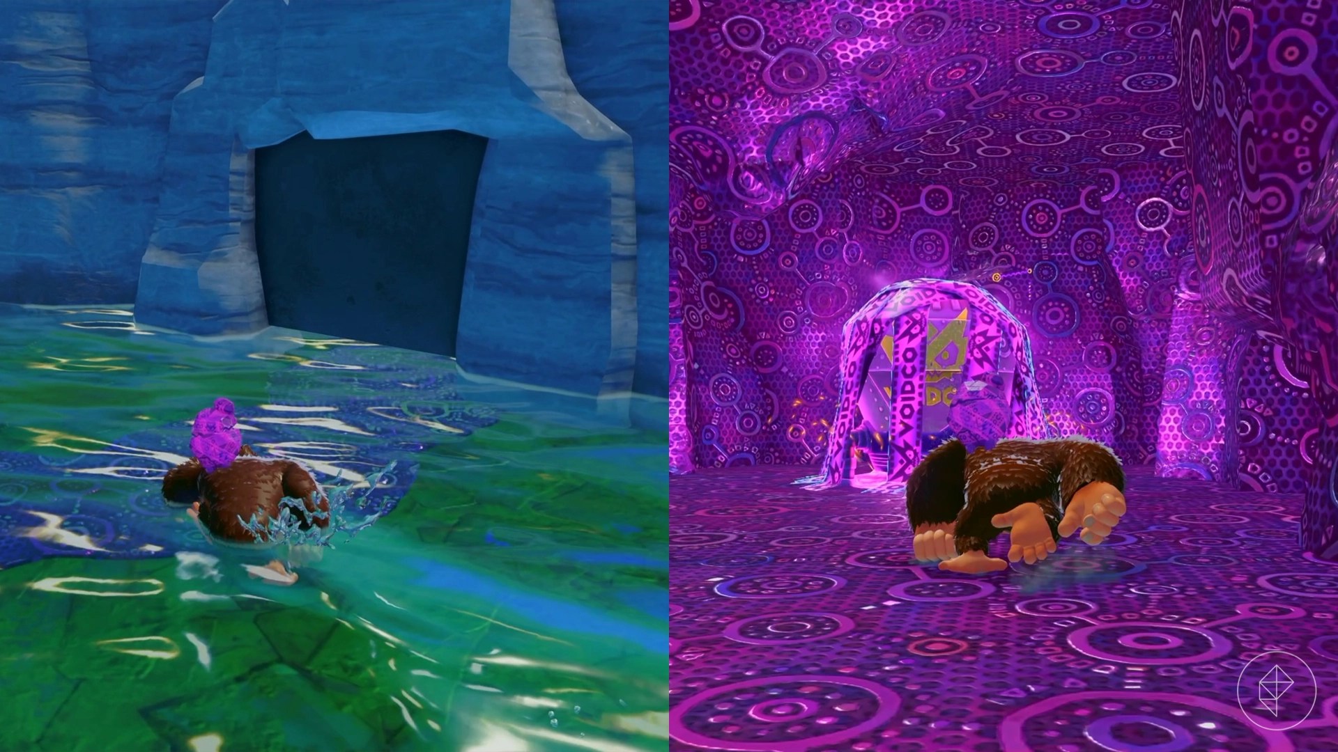 In two images, DK navigates a green path and a purple cage while looking for Banandium Gems in Lagoon Layer in Donkey Kong Bananza