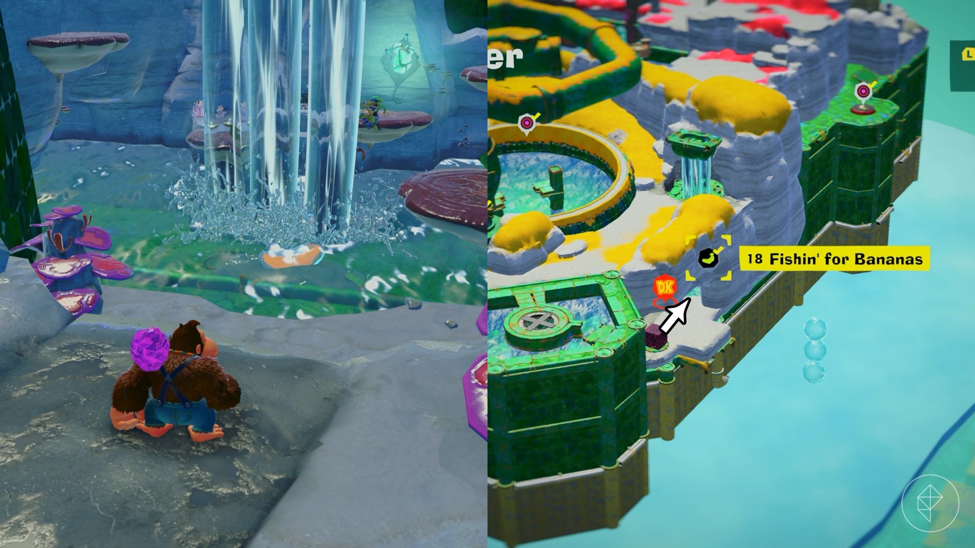 DK stands next to a waterfall while finding the Fishin’ for Bananas gem in a split image showing a map of where to find Lagoon Layer Banandium Gem