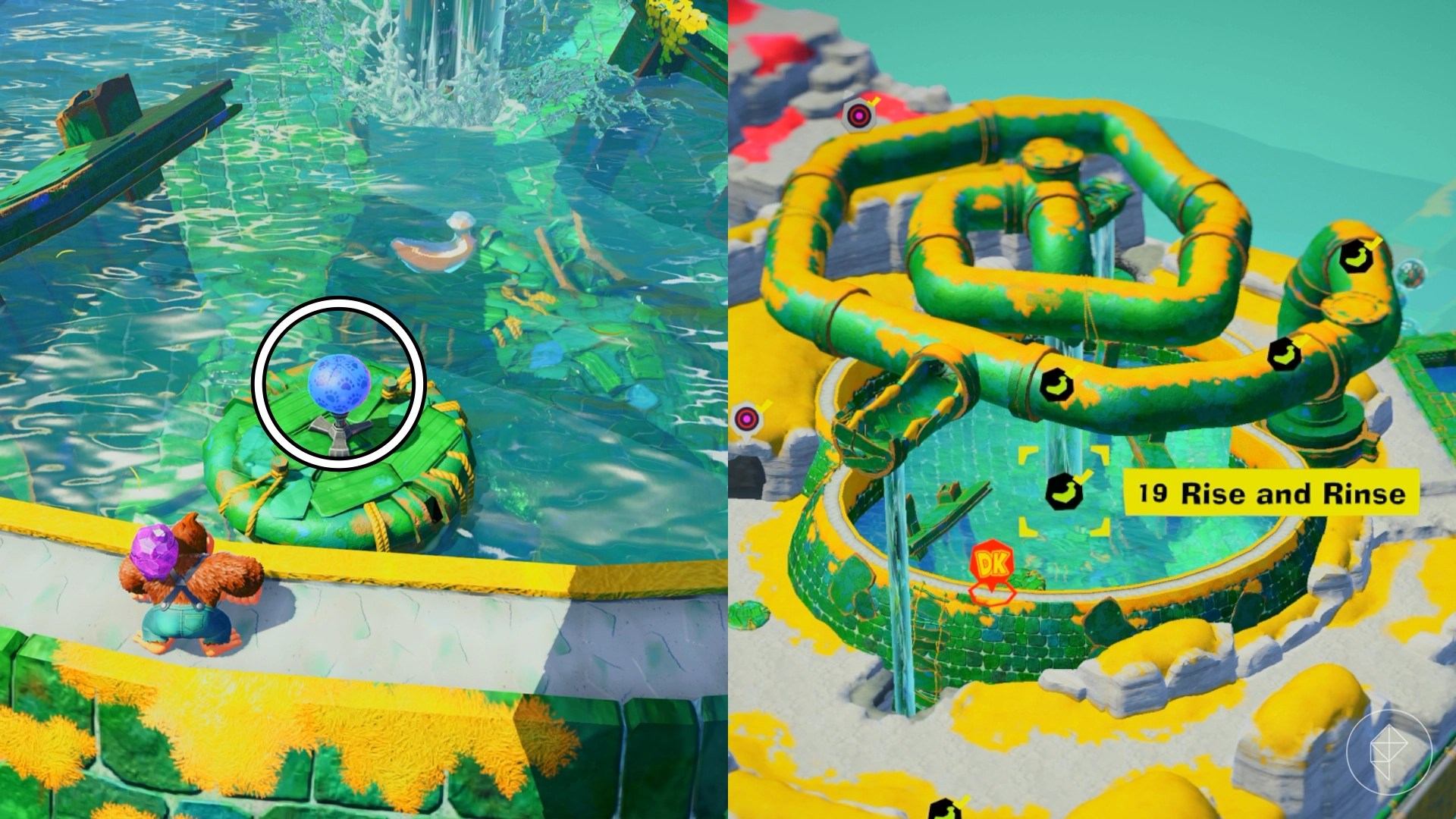 DK stands next to a lillypad on a lake while looking for the Rise and Rinse gem in a split image showing a map of where to find Lagoon Layer Banandium Gem