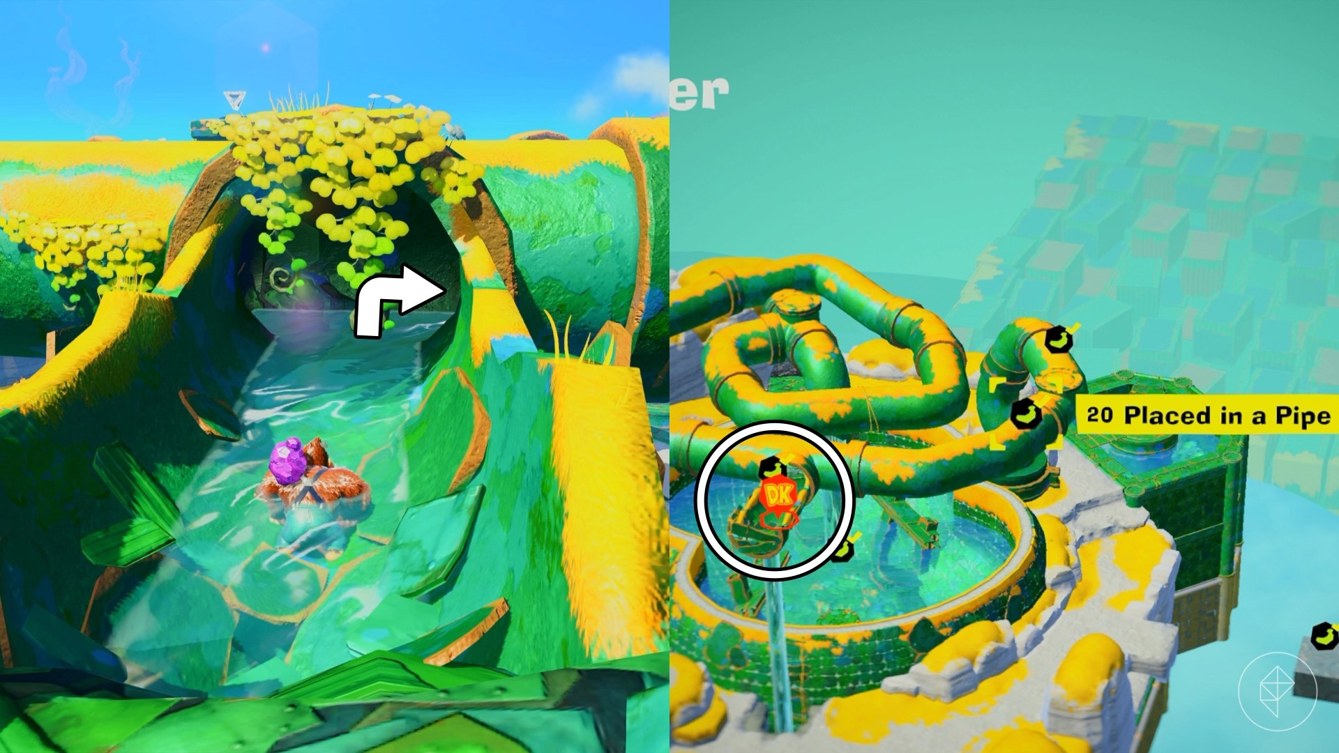 DK swims through a pipe while trying to find the Placed in a Pipe gem in a split image showing a map of where to find Lagoon Layer Banandium Gem