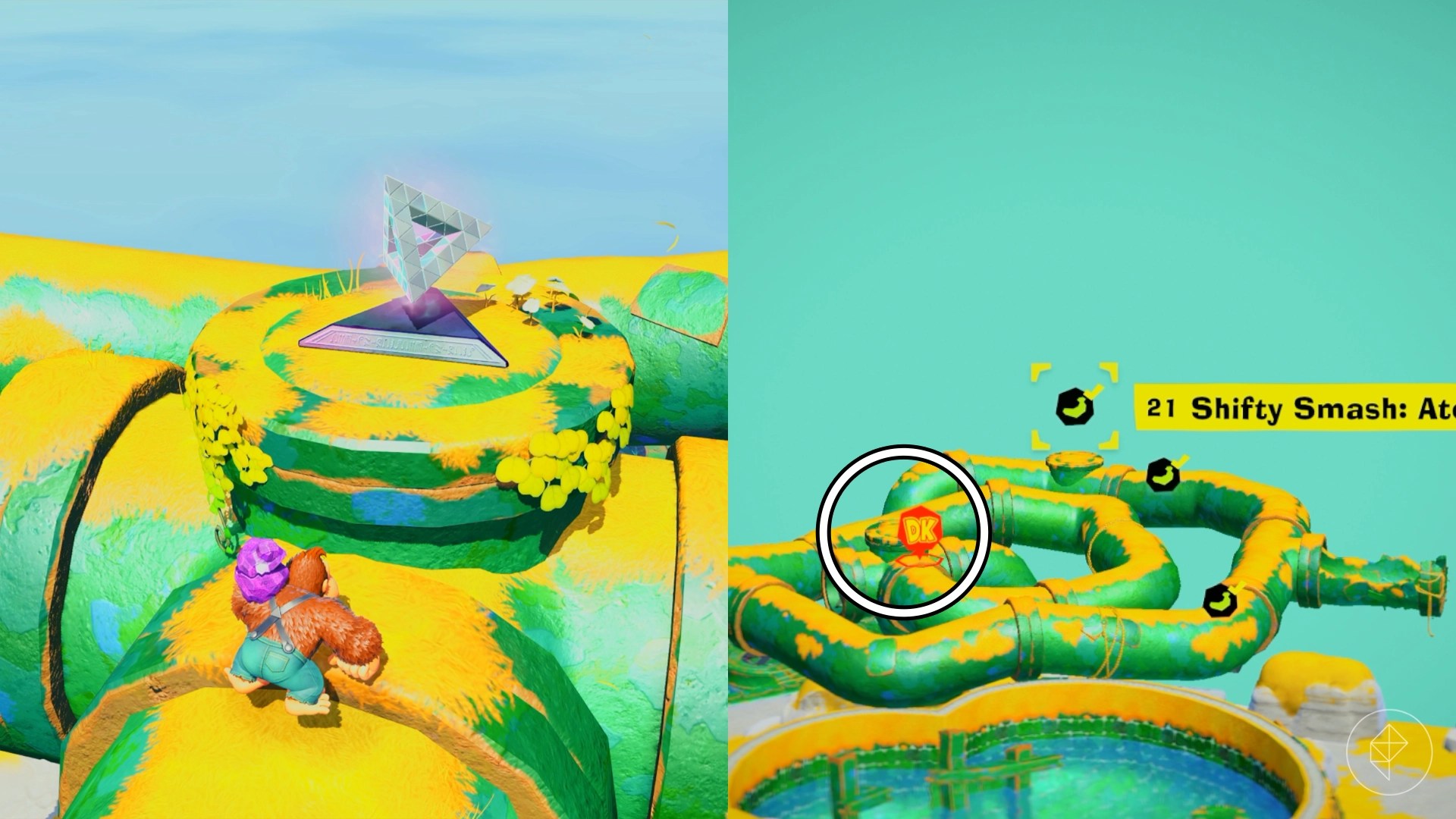 DK walks toward a giant silver pyramid on top of a green pipe while finding a Shift Smash gem in a split image showing a map of where to find Lagoon Layer Banandium Gem