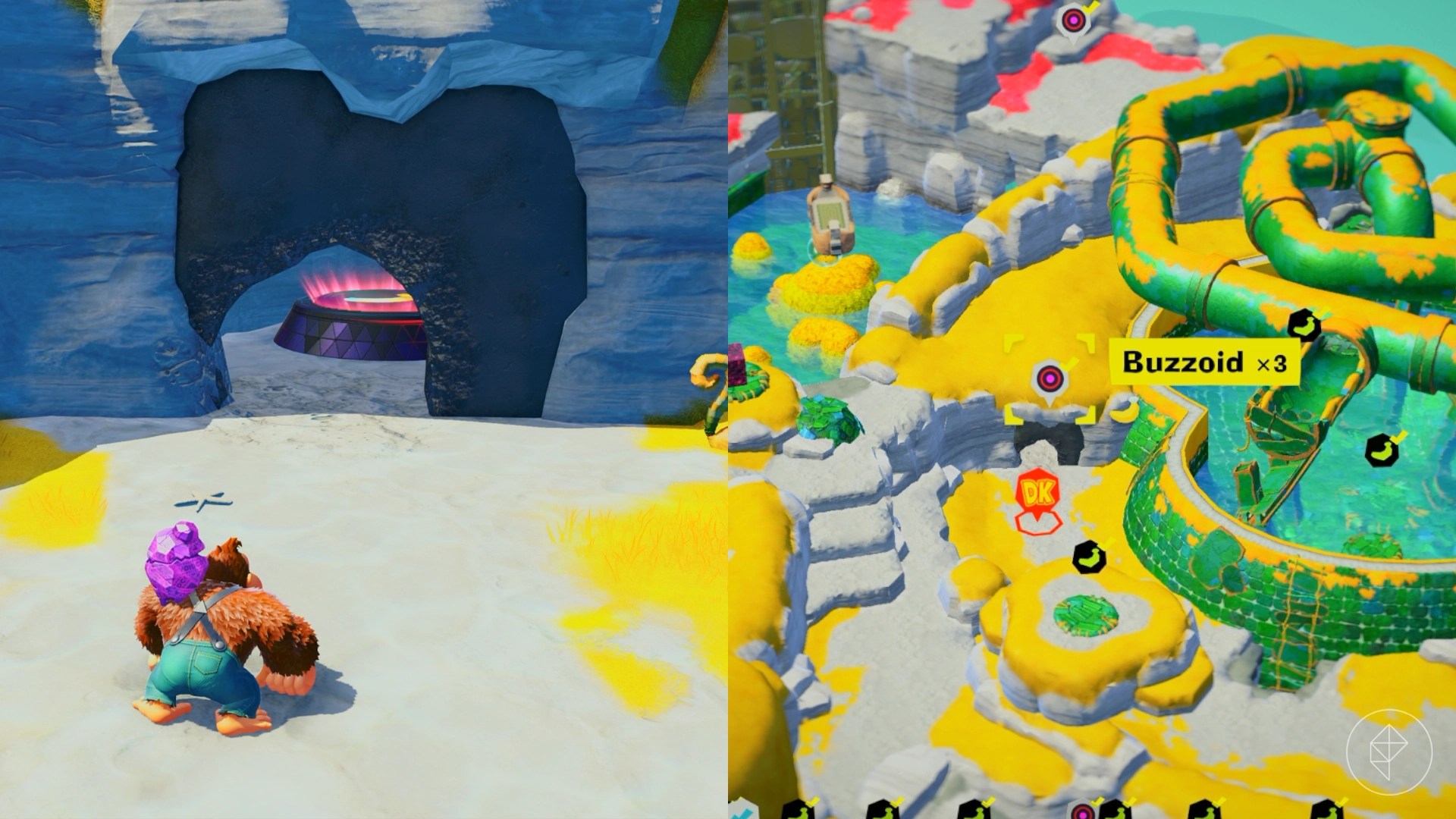 DK stands outside a cave ready to fight Buzzoid x3 for a gem in a split image showing a map of where to find Lagoon Layer Banandium Gem