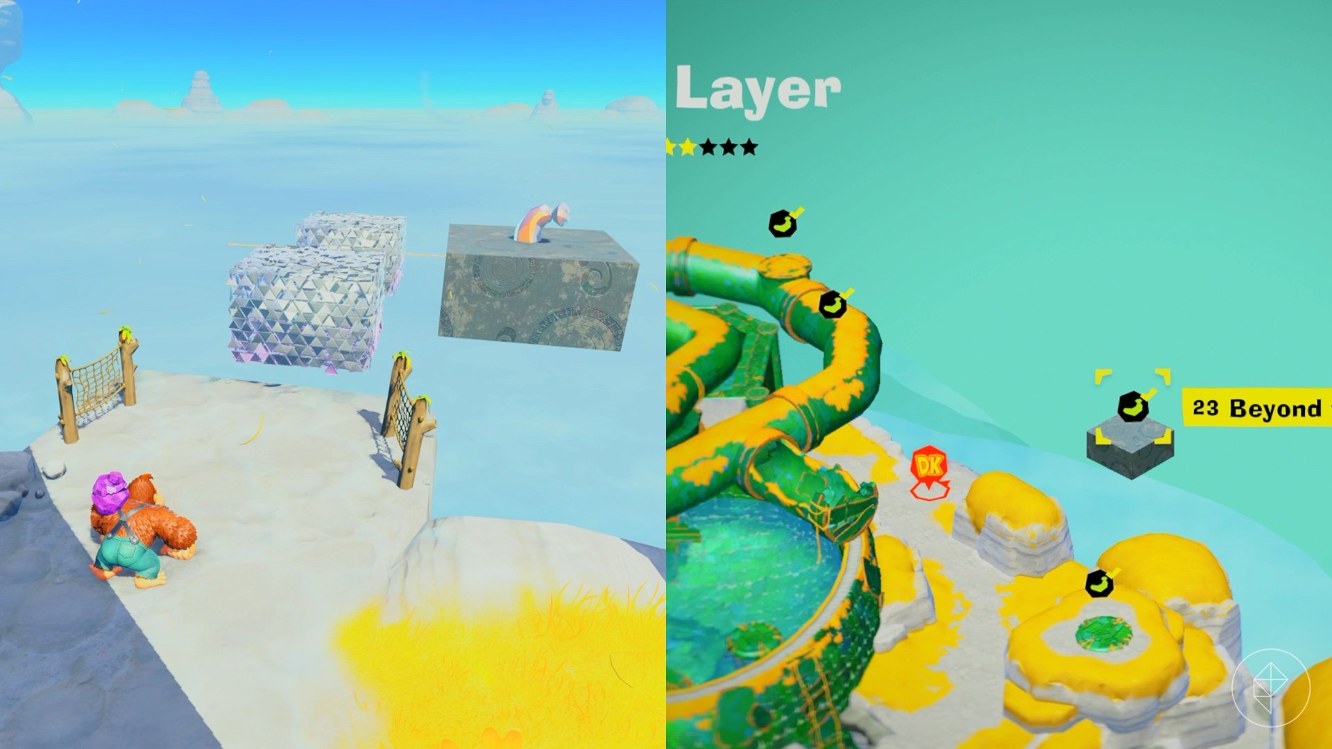 DK navigates floating platforms to find the Beyond the Cloudy Platforms gem in a split image showing a map of where to find Lagoon Layer Banandium Gem