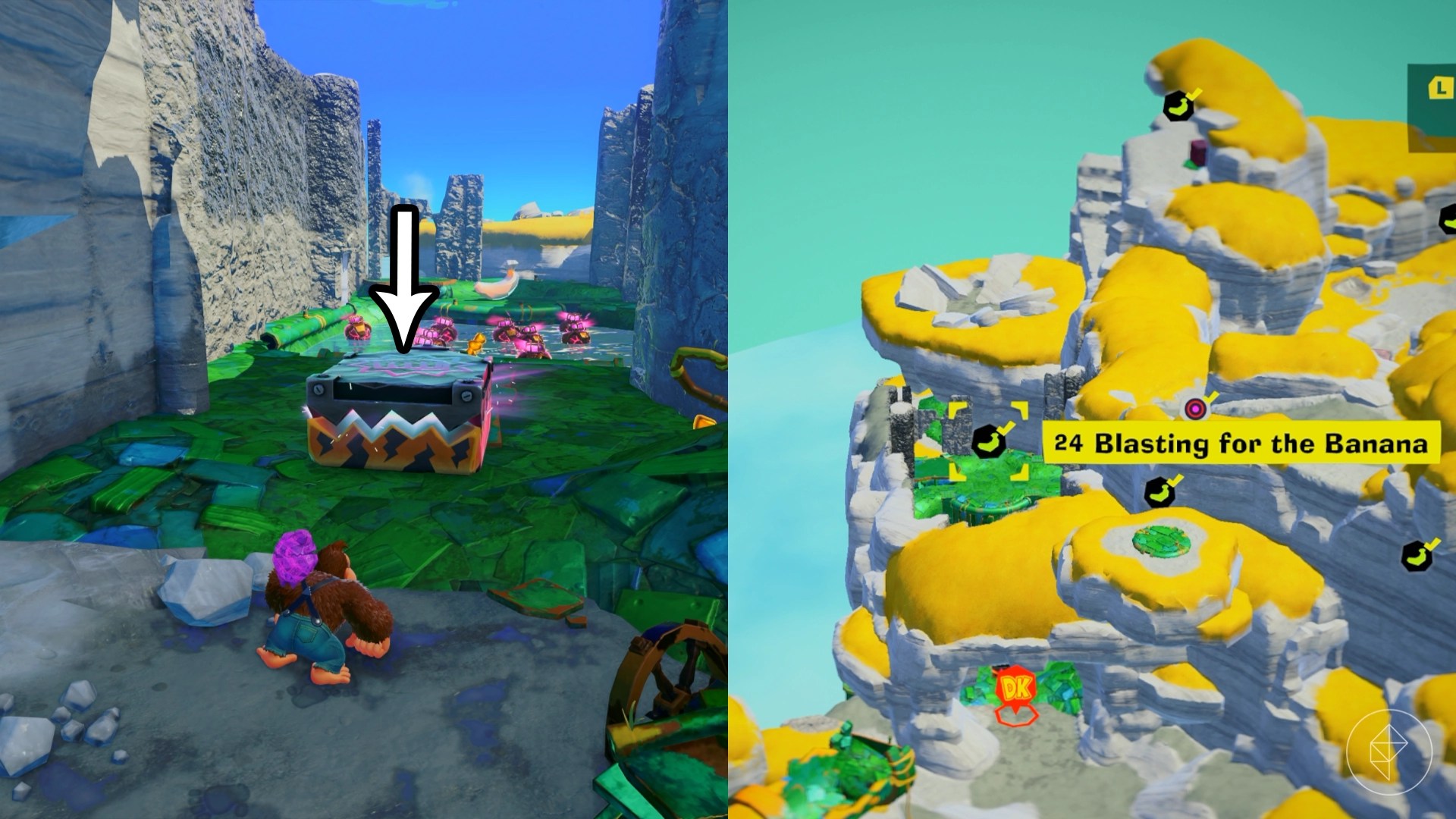DK walks toward a giant metal box. with teeth while looking for the Blasting for the Banana gem in a split image showing a map of where to find Lagoon Layer Banandium Gem