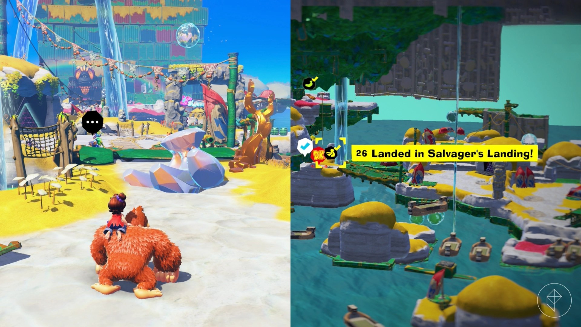 DK assesses a bunch of debris while gazing at sublayer 101 and looking for the Landed in Salvager’s Landing gem in a split image showing a map of where to find Lagoon Layer Banandium Gem