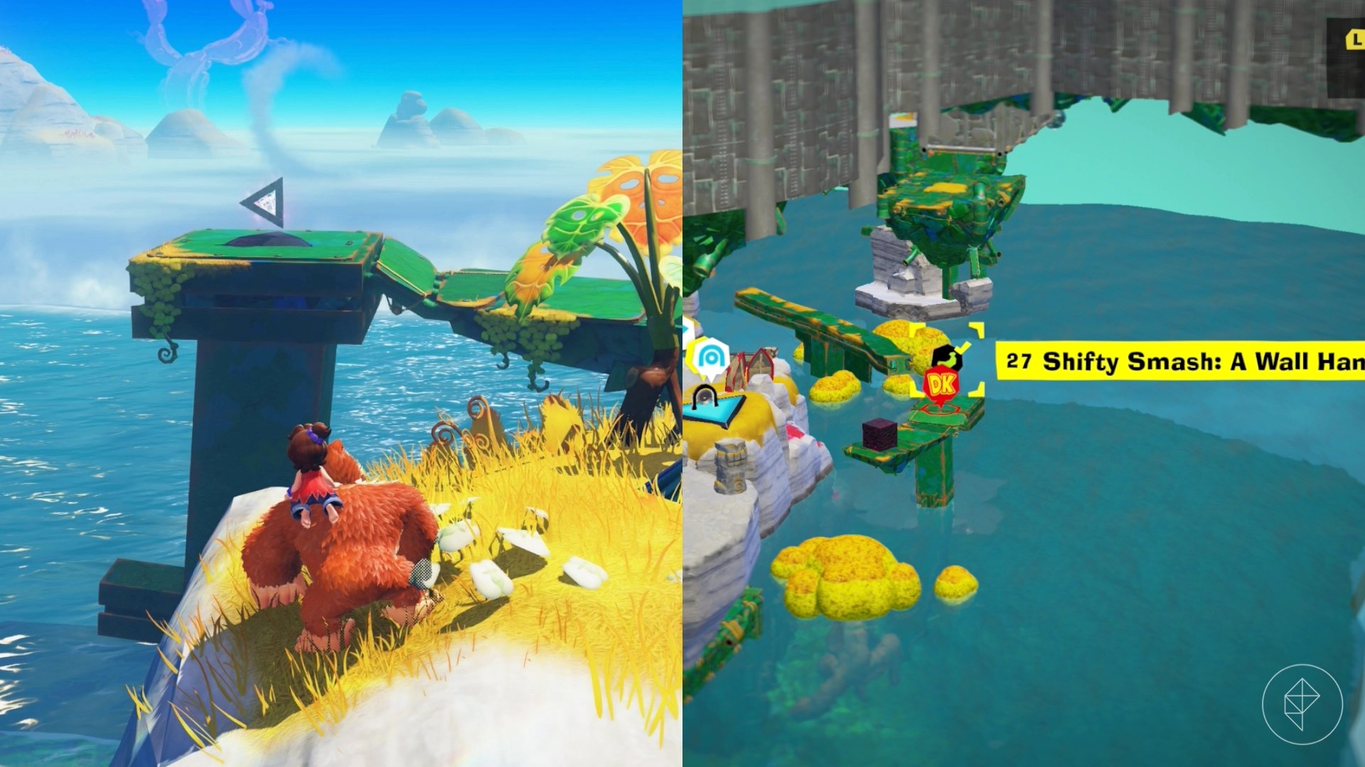 DK stands on a cliff and looks at a floating silver triangle on a green pathway while trying to find the Shifty Smash gem in a split image showing a map of where to find Lagoon Layer Banandium Gem