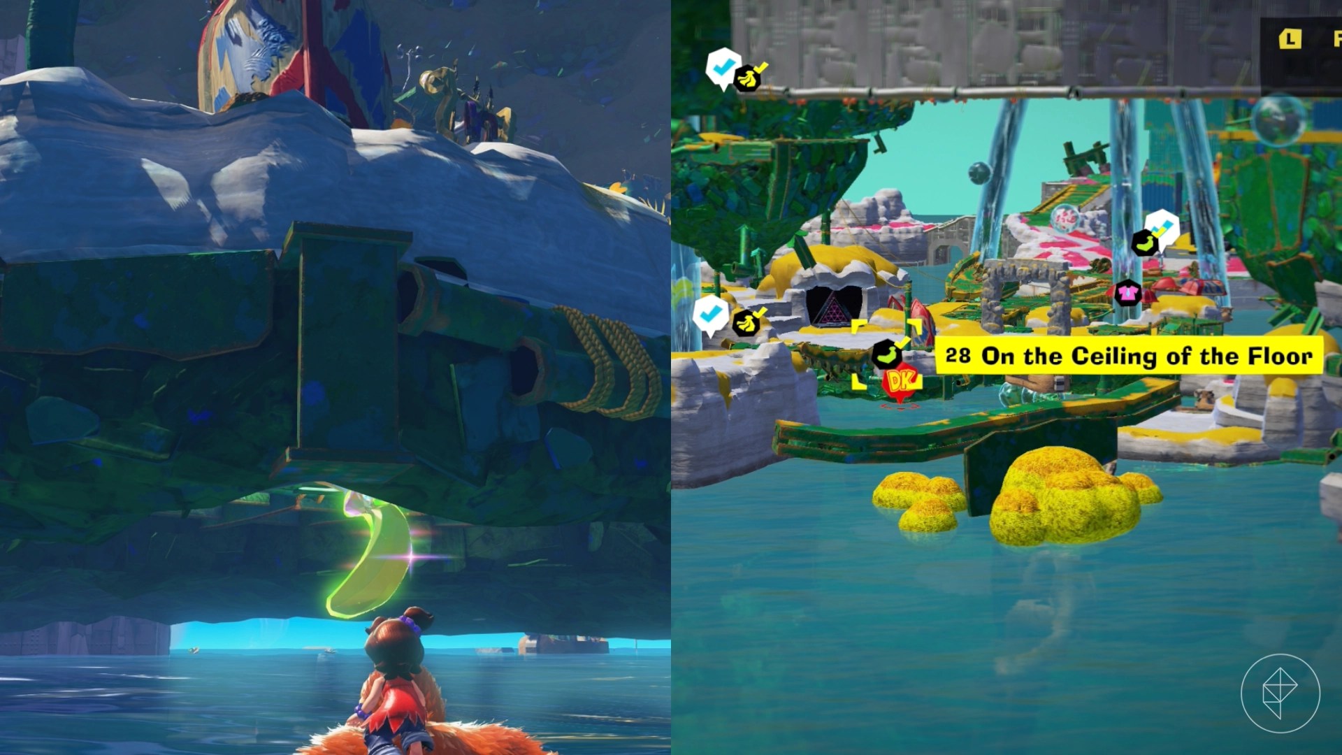 DK stands near ledges leading to the On the Ceiling of the Floor gem in a split image showing a map of where to find Lagoon Layer 101 Banandium Gem
