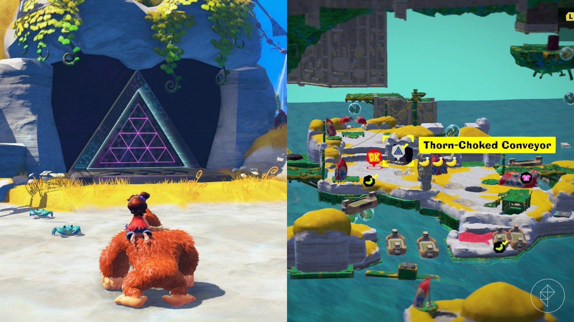 DK stands outside a cave while trying to find the Outside the Thorny Path gem in a split image showing a map of where to find Lagoon Layer Banandium Gem
