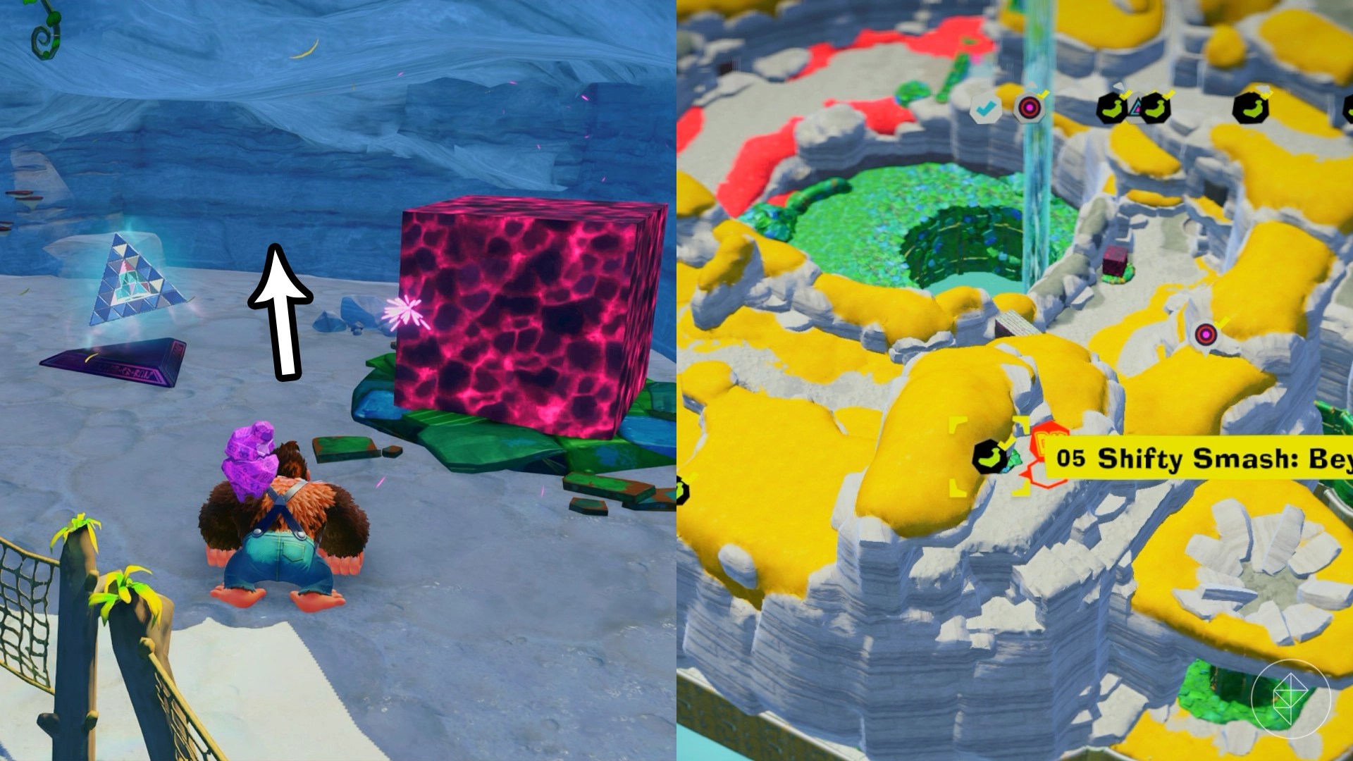 DK stands in a cave near a glowing box by the Shifty Smash gem in a split image showing a map of where to find Lagoon Layer Banandium Gem