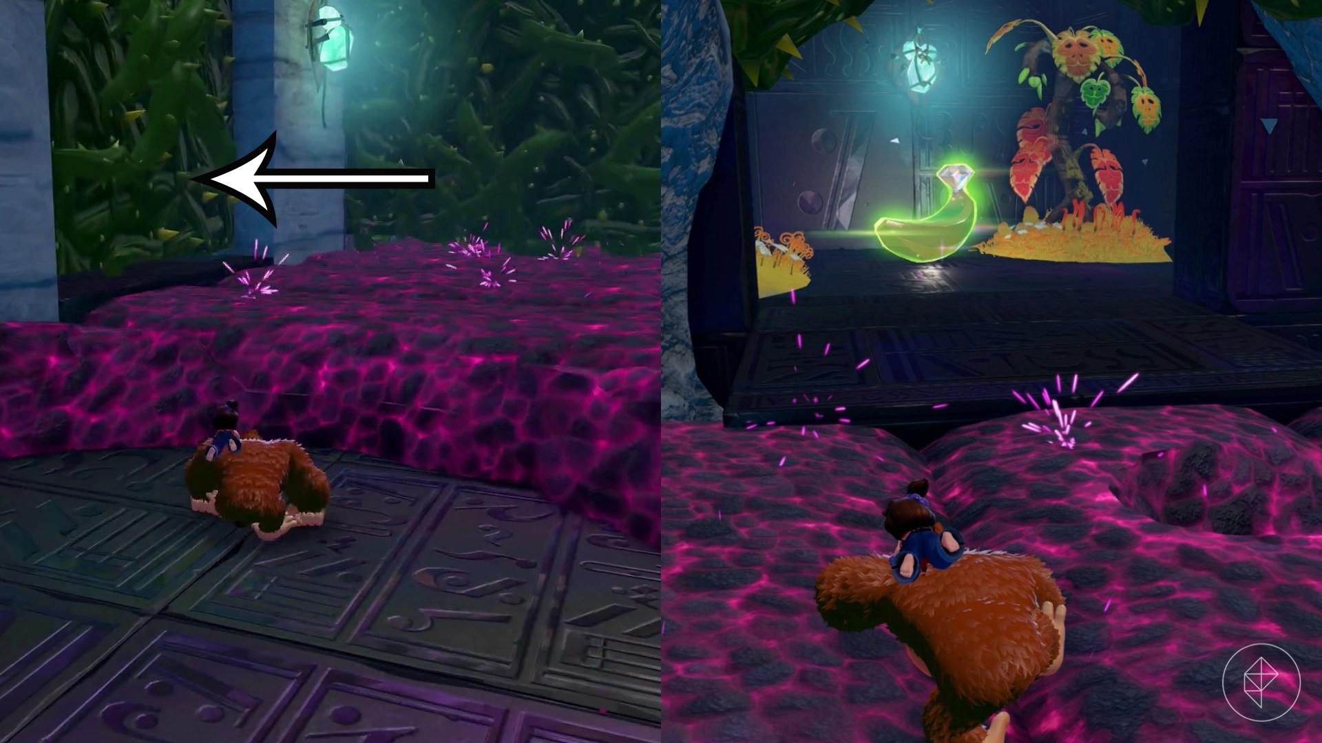 DK stands near purple rocks and smashes a green wall to lead to standin in front of a Banandium Gem in a split image showing where to find Lagoon Layer Banandium Gem