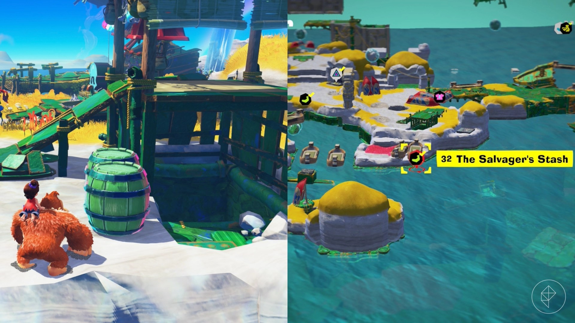 DK stands next to two green barrels and looks at a shanty while finding the Salvager’s Stash gem in a split image showing a map of where to find Lagoon Layer Banandium Gem