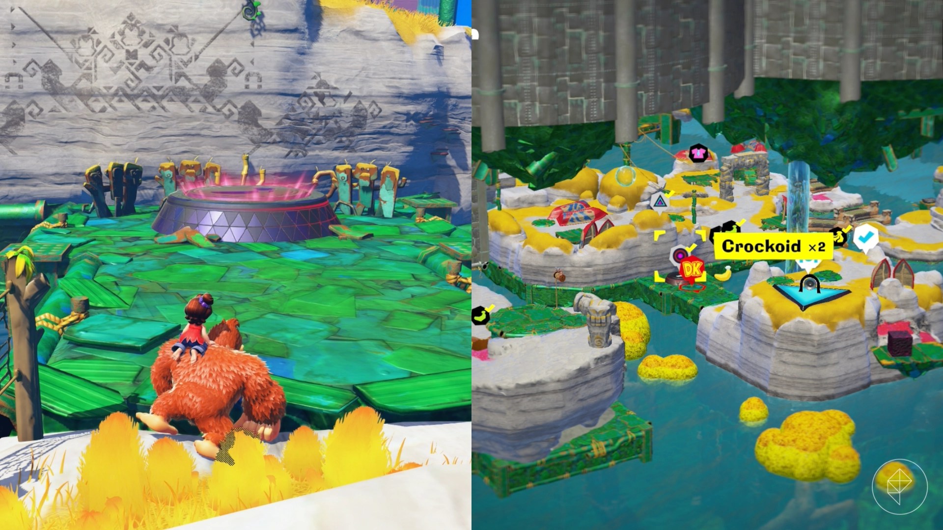 DK approaches a platform while trying to find the Crockoid x2 gem in a split image showing a map of where to find Lagoon Layer Banandium Gem