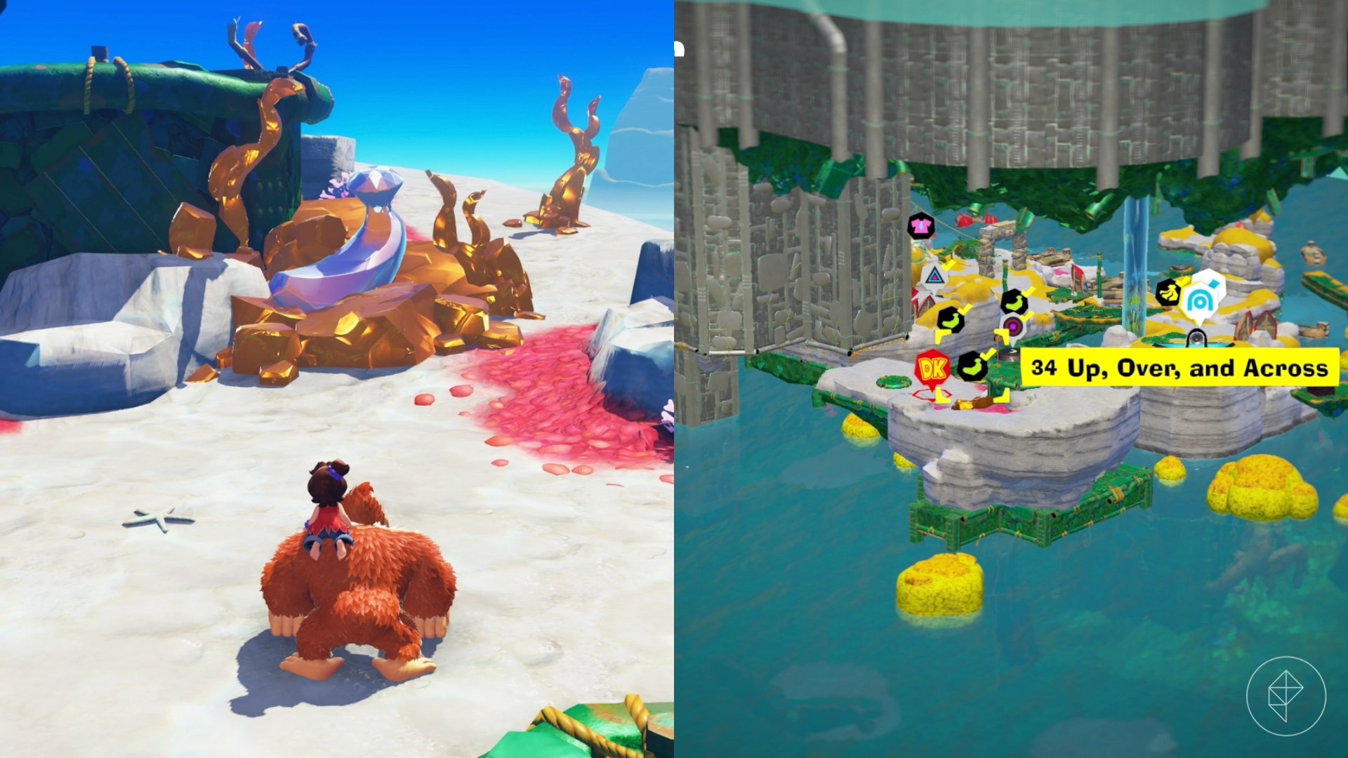 DK climbs a beach cliff while looking for the Up Over and Across Banandium Gem in a split image showing a map of where to find Lagoon Layer Banandium Gem
