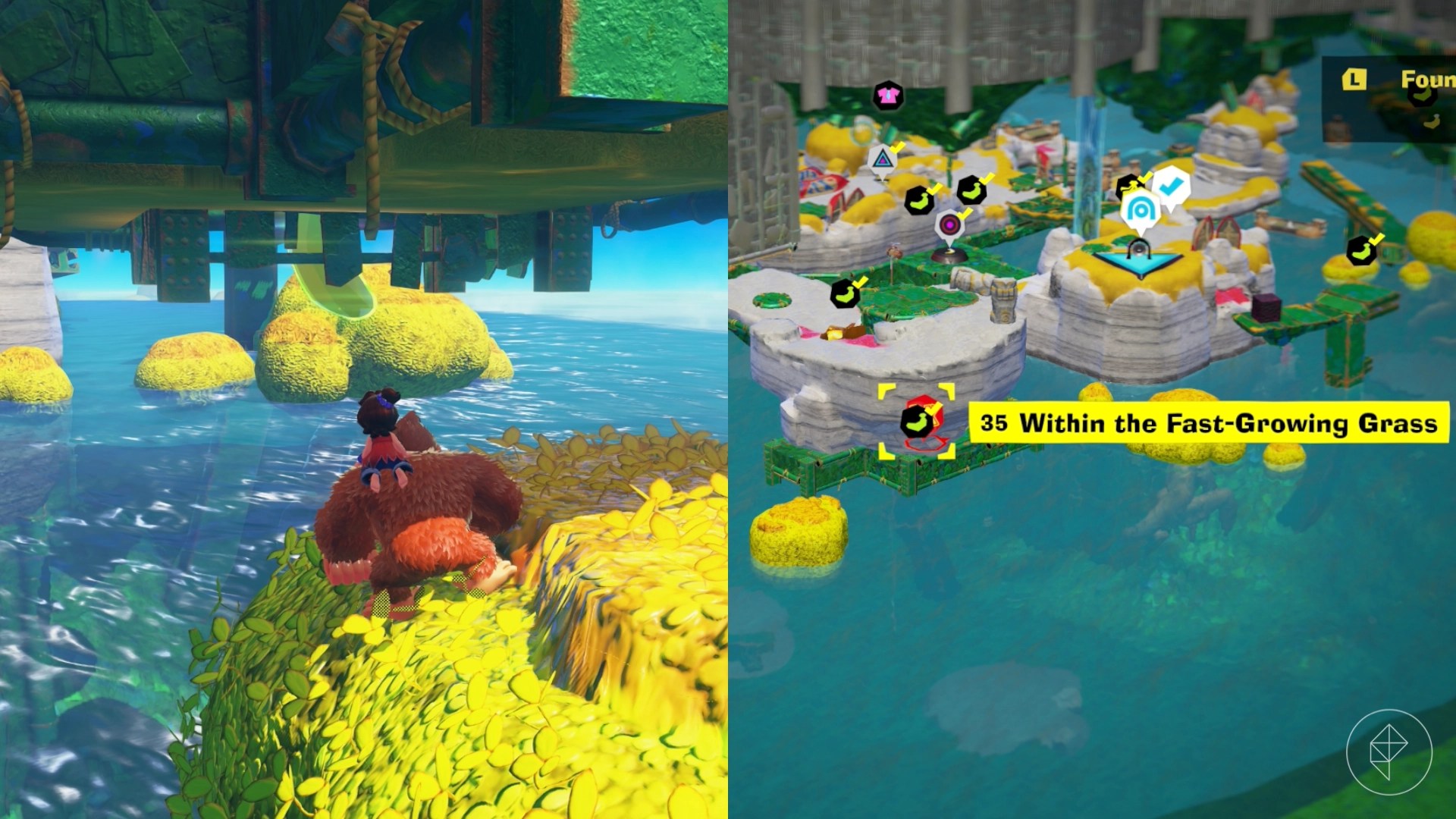 DK jumps across small islands under a building looking for the Within the Fast Growing Grass gem in a split image showing a map of where to find Lagoon Layer Banandium Gem