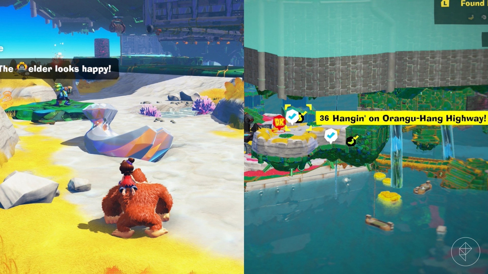 DK walks up to an elder on a beachy path while trying to find the Hangin on an Orangu Hang Highway gem in a split image showing a map of where to find Lagoon Layer Banandium Gem