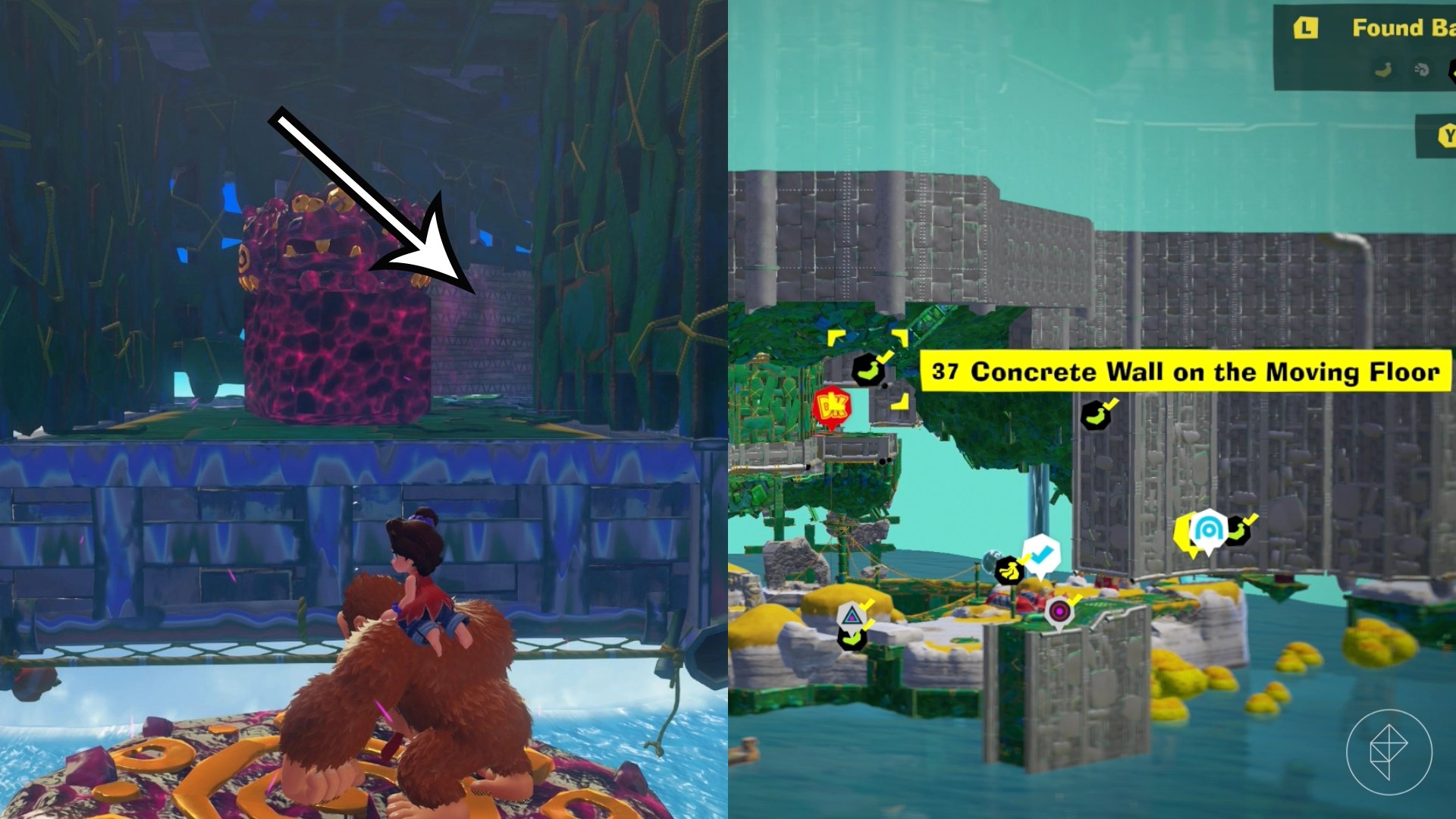 DK perches on a ledge while seeking the Concrete Wall on Moving Floor gem in a split image showing a map of where to find Lagoon Layer Banandium Gem