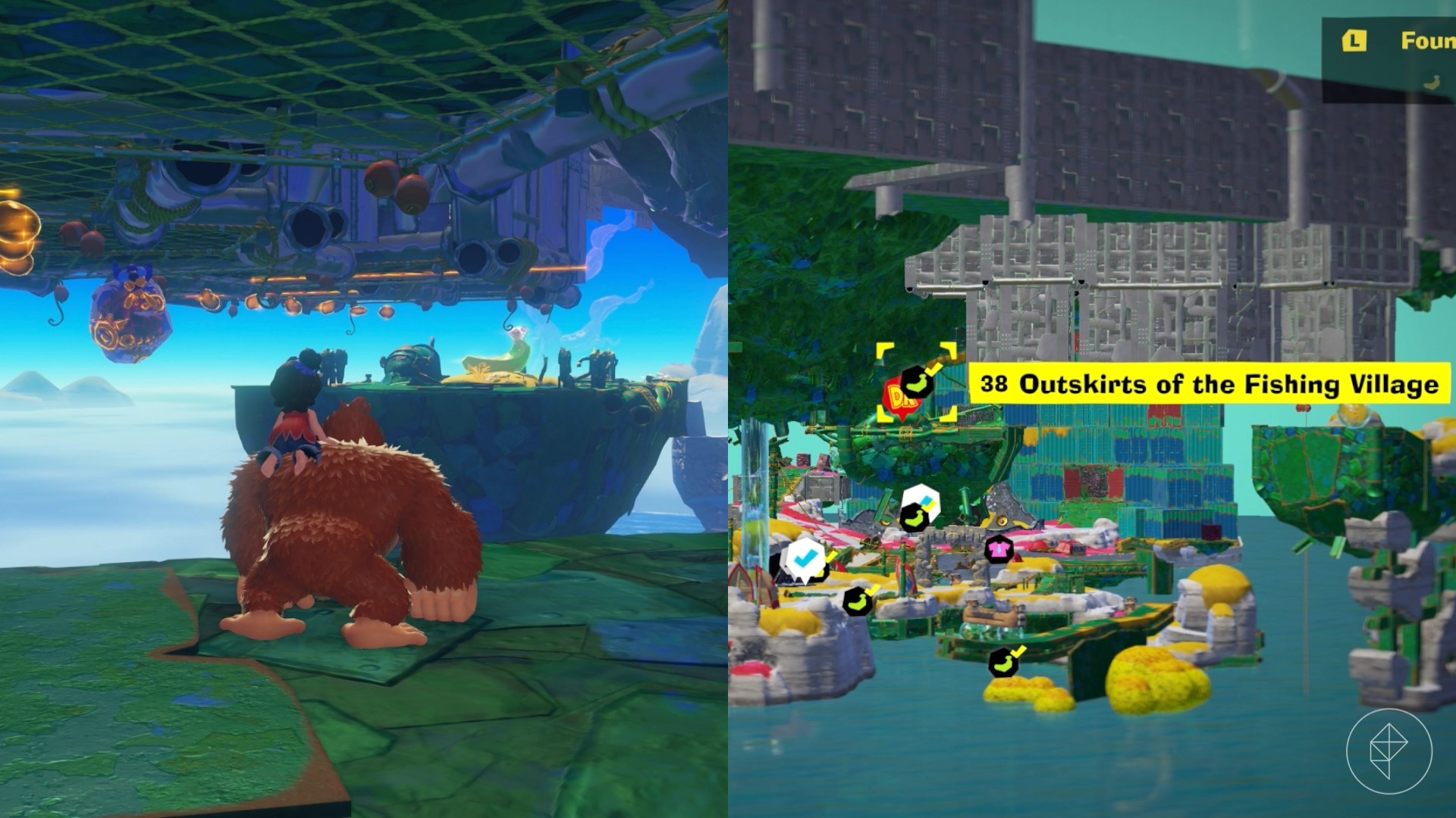 DK stares at a floating island while trying to find the Outskirts of the Fishing Village gem in a split image showing a map of where to find Lagoon Layer Banandium Gem