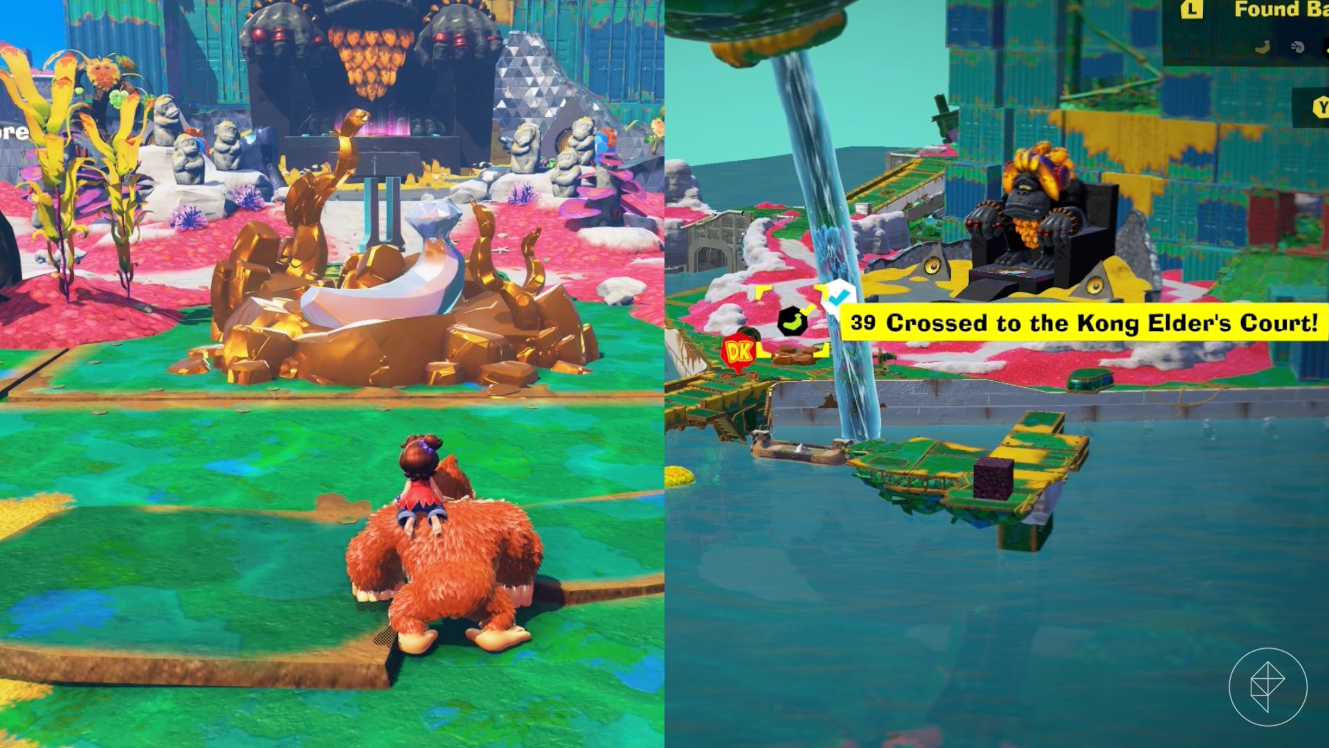 DK stands in front of a bronze fountain while trying to find the Crossed to the Kong Elder’s Court gem in a split image showing a map of where to find Lagoon Layer Banandium Gem