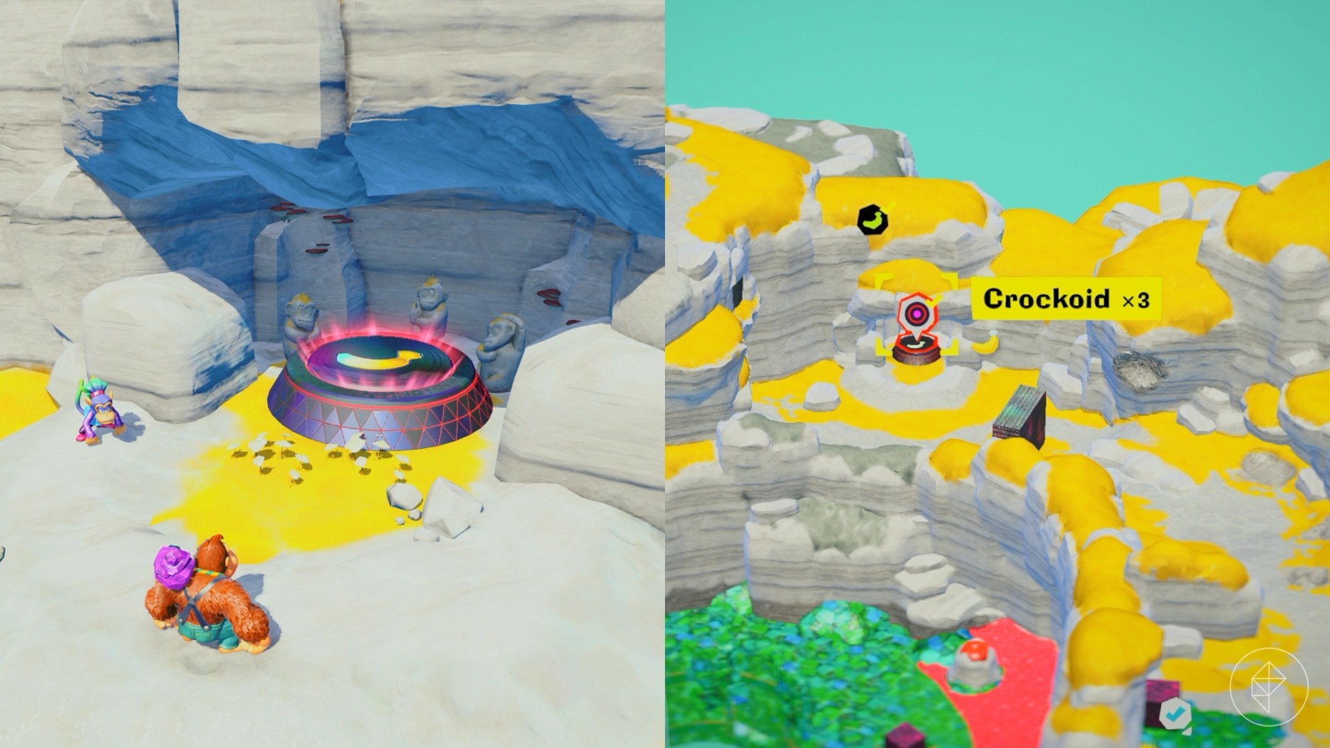 DK stands near a jump pad leading to the Crockoid x3 gem in a split image showing a map of where to find Lagoon Layer Banandium Gem