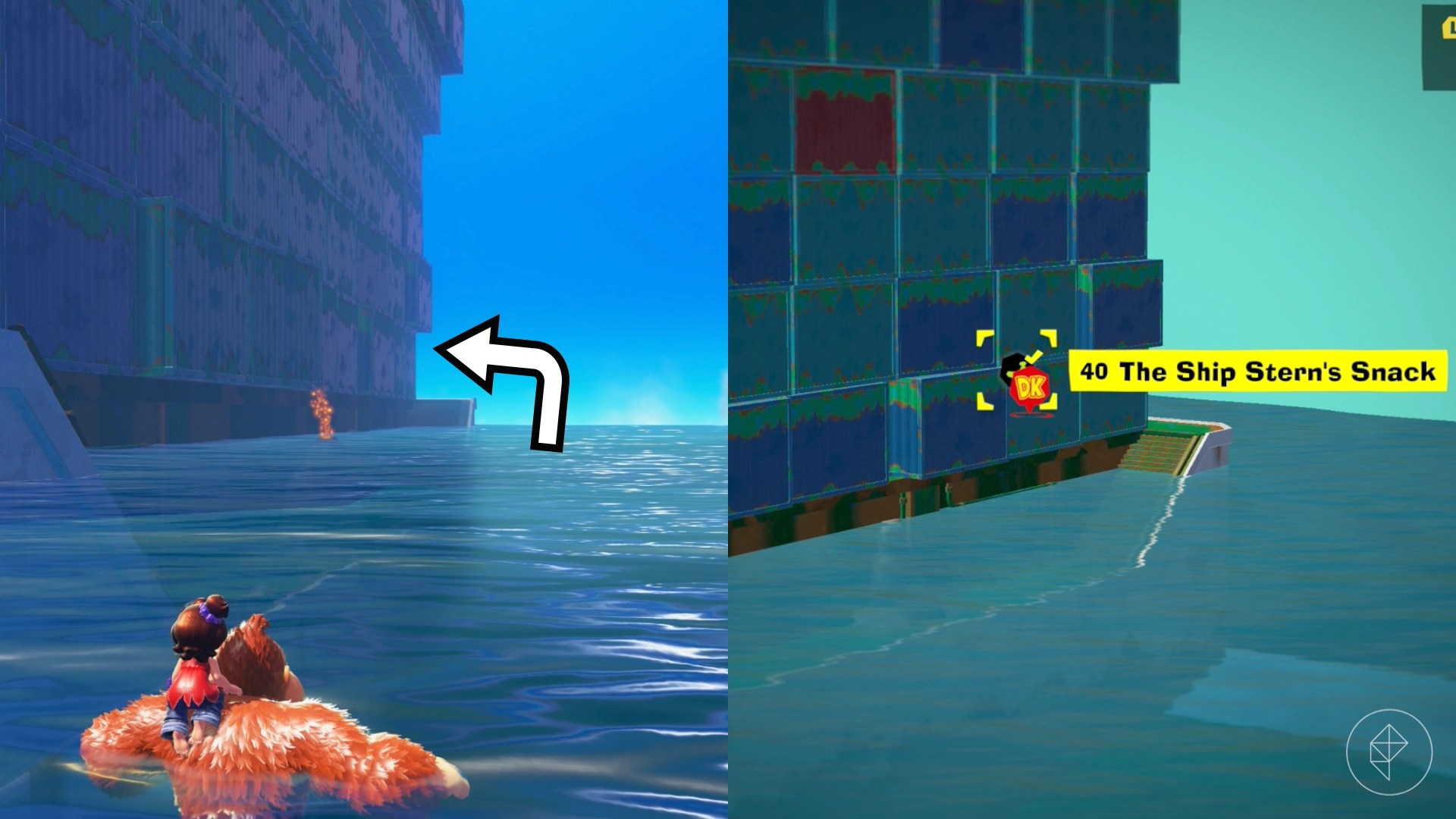 DK swims on the portside of a giant tanker full of shipping containers while finding the Ship Stern’s Snack gem in a split image showing a map of where to find Lagoon Layer Banandium Gem