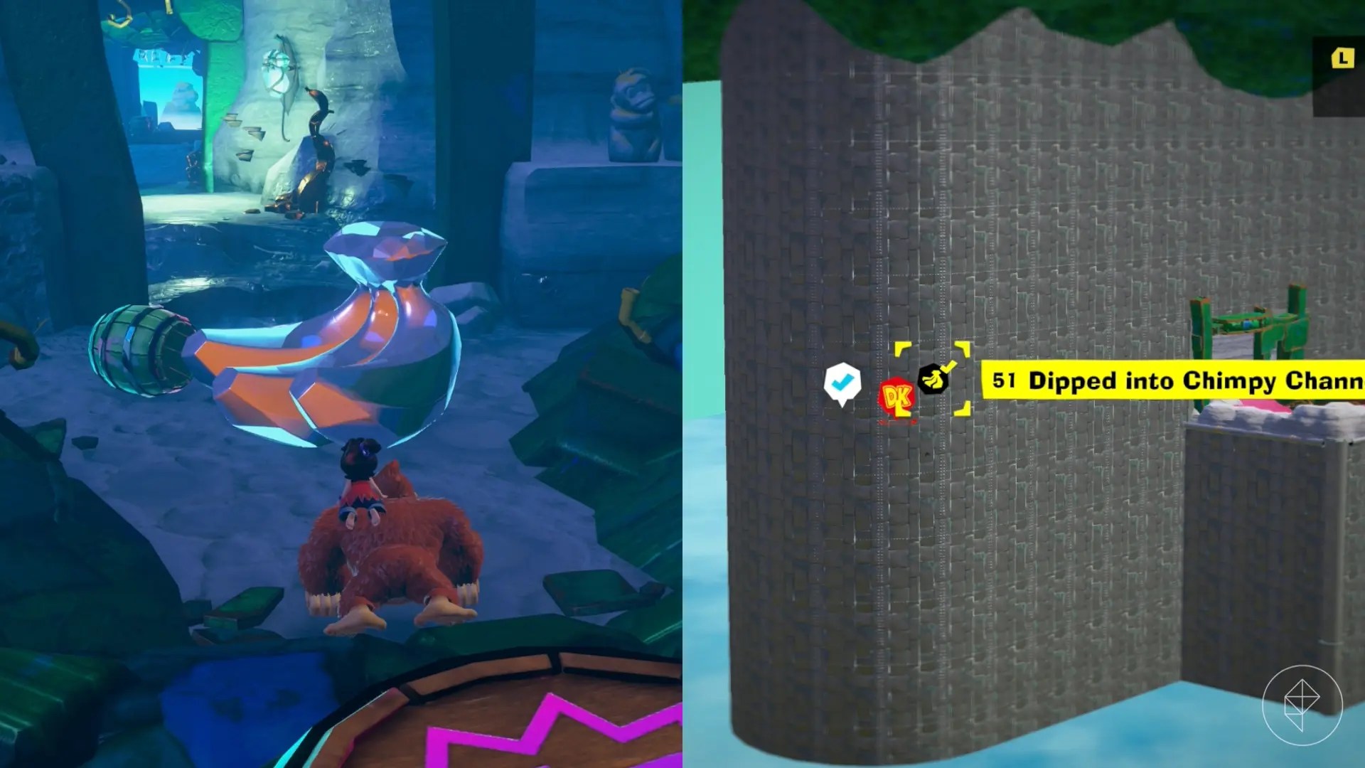 DK stands in front of a Banandium Gem while looking for the Dipped into Chimpy Channel gem in a split image showing a map of where to find Lagoon Layer Banandium Gem