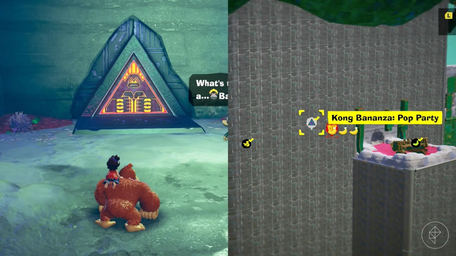 Donkey Kong and young Pauline standing in front of an Ancient Ruin door in Donkey Kong Bananza.
