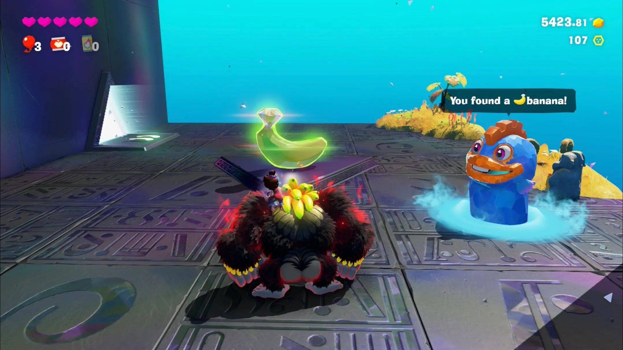 Donkey Kong stands in front of a Banandium Gem in the Lagoon Layer 102 in Donkey Kong Bananza
