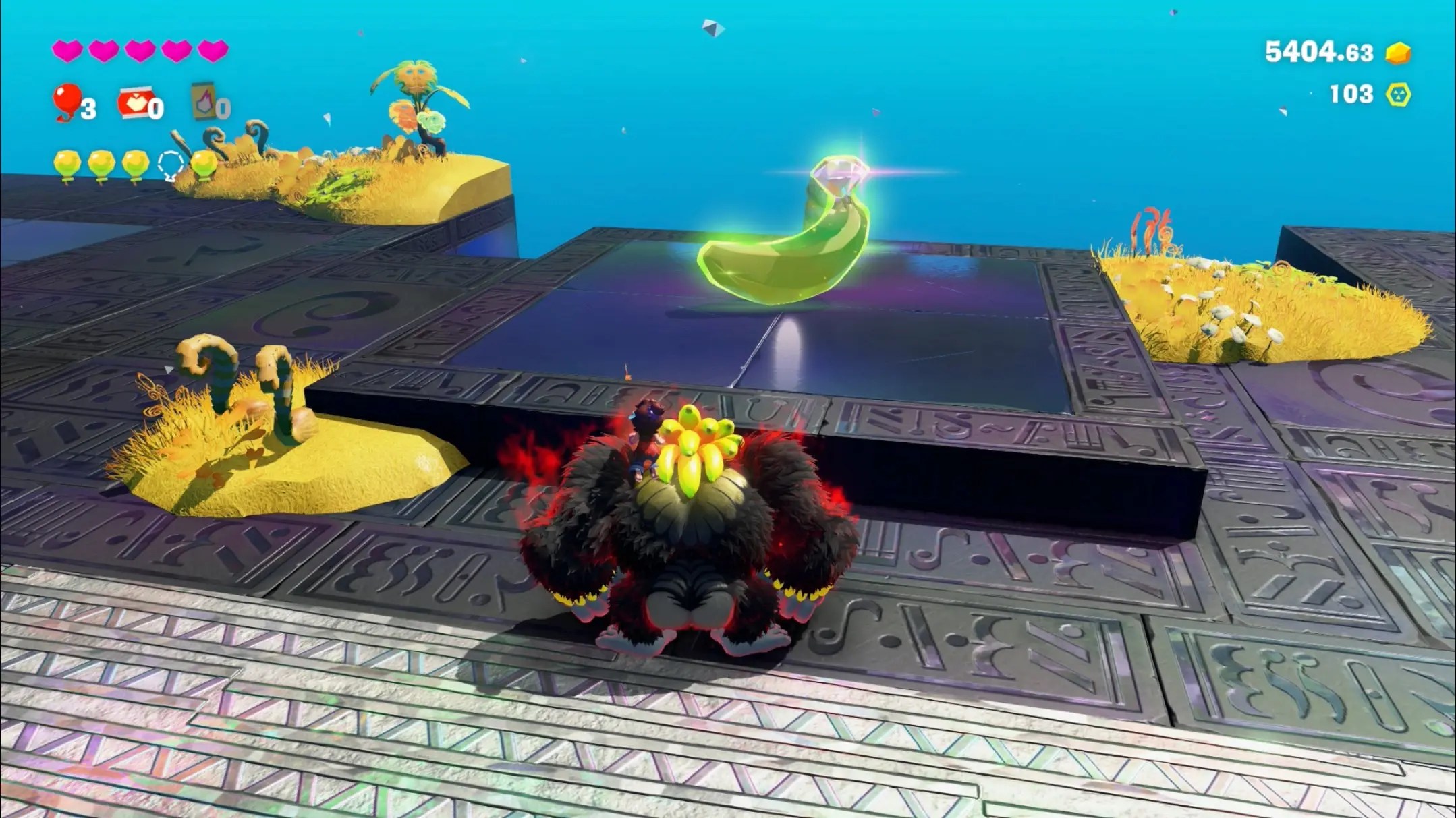 DK stands in front of a Banandium Gem on a silver platform near patches of wheat while finding the Atop the Concrete Roof gem in Donkey Kong Bananza