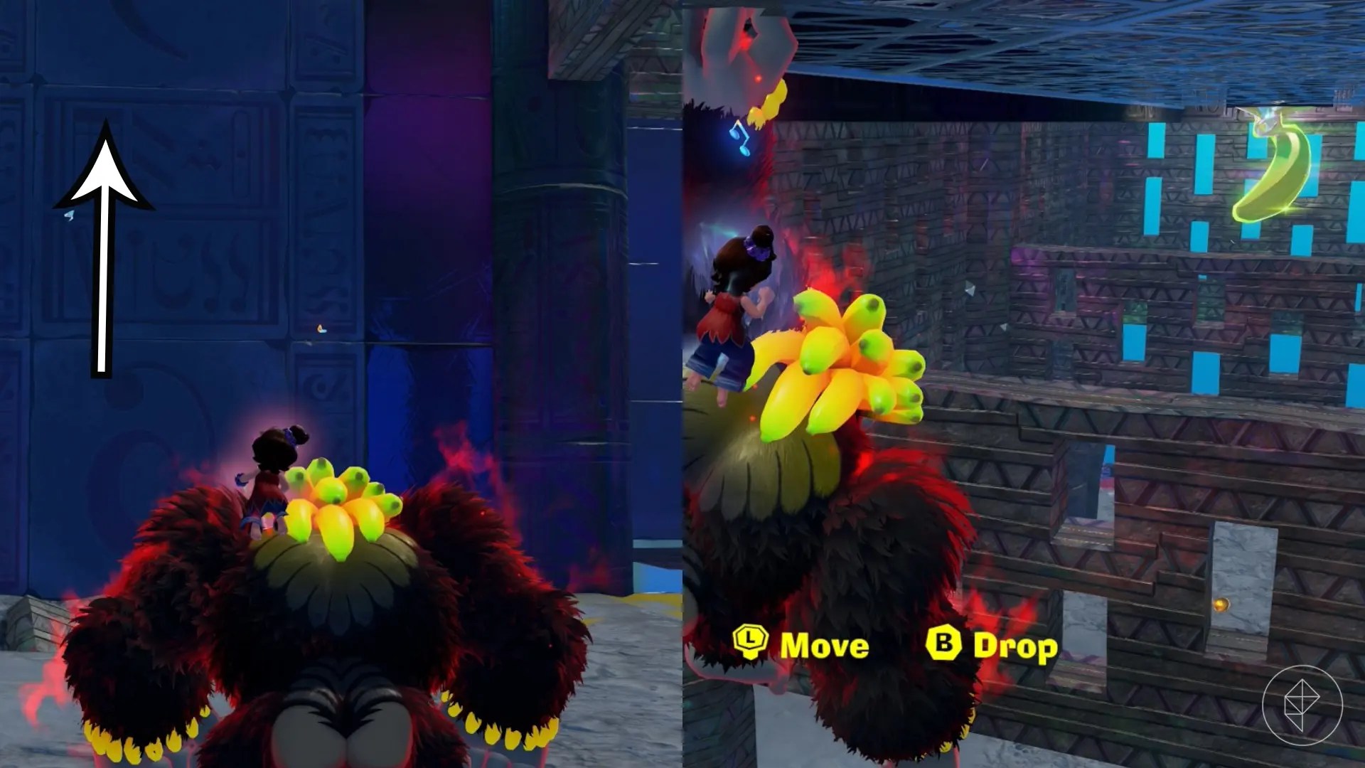 In two images, Donkey stands near a purple wall and also looks out across broken half walls while trying to find a Banandium Gem in the Lagoon Layer of Donkey Kong Bananza