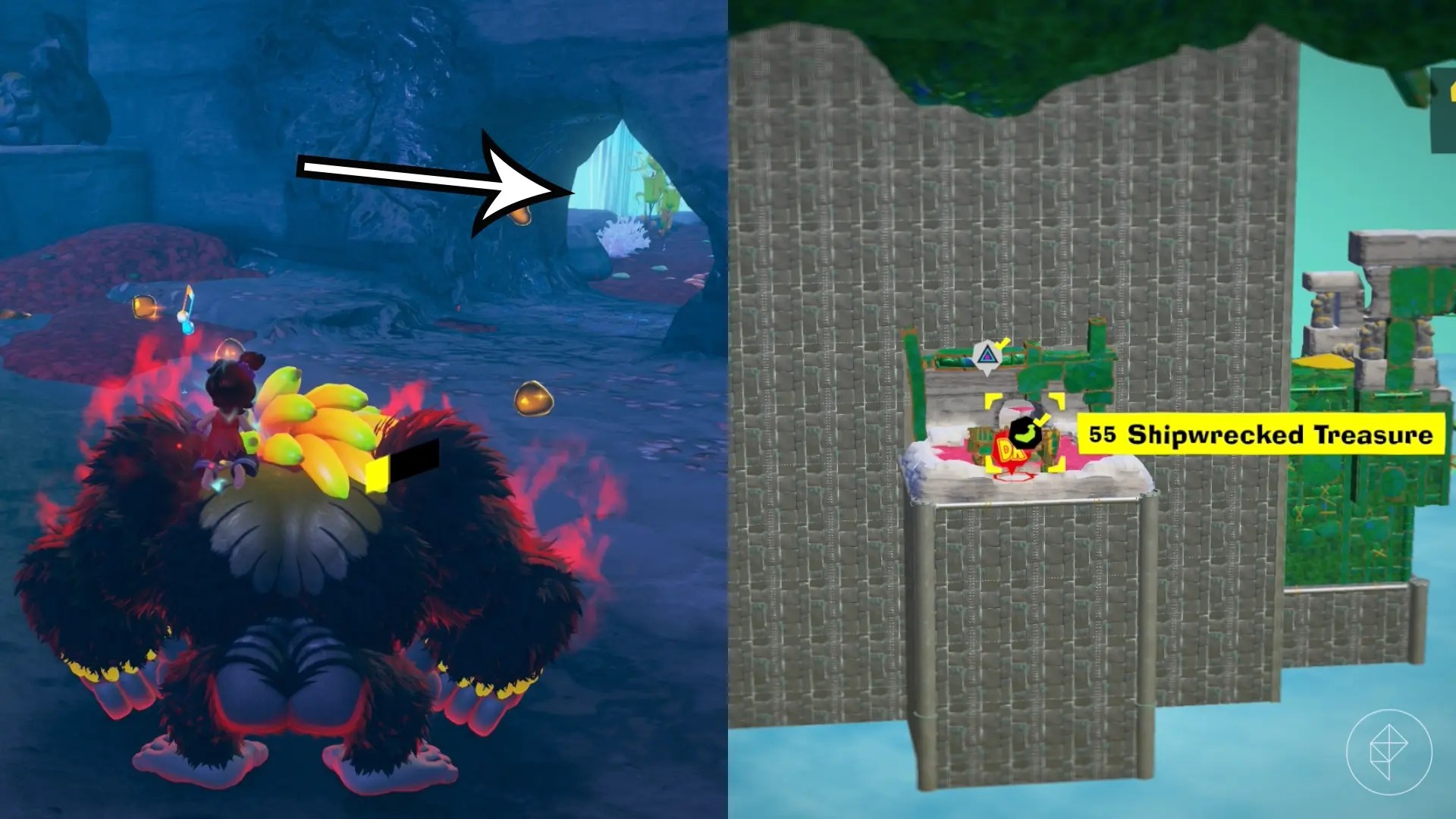 DK stands in a cave while hunting for the Shipwrecked Treasure gem in a split image showing a map of where to find Lagoon Layer Banandium Gem