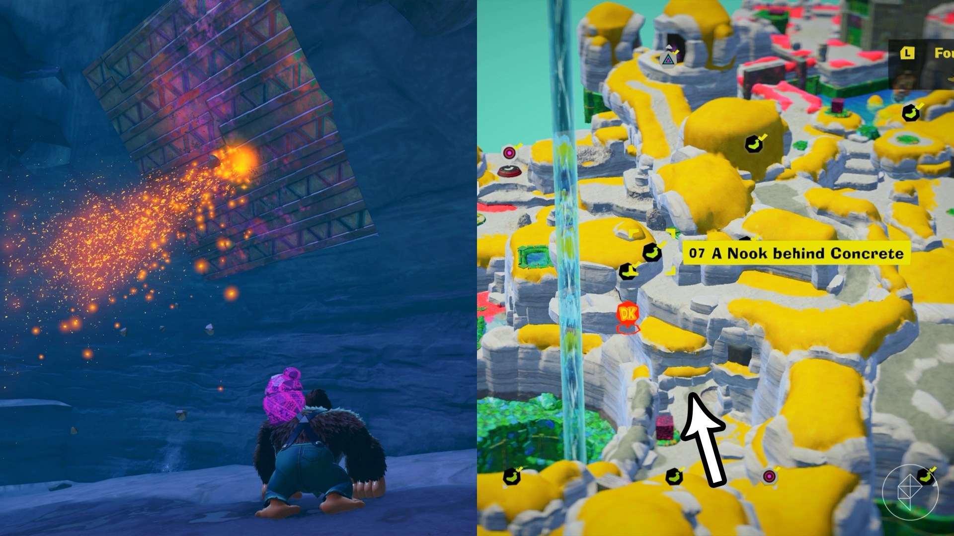 DK stands in a cave leading to the Nook Behind Concrete gem in a split image showing a map of where to find Lagoon Layer Banandium Gem