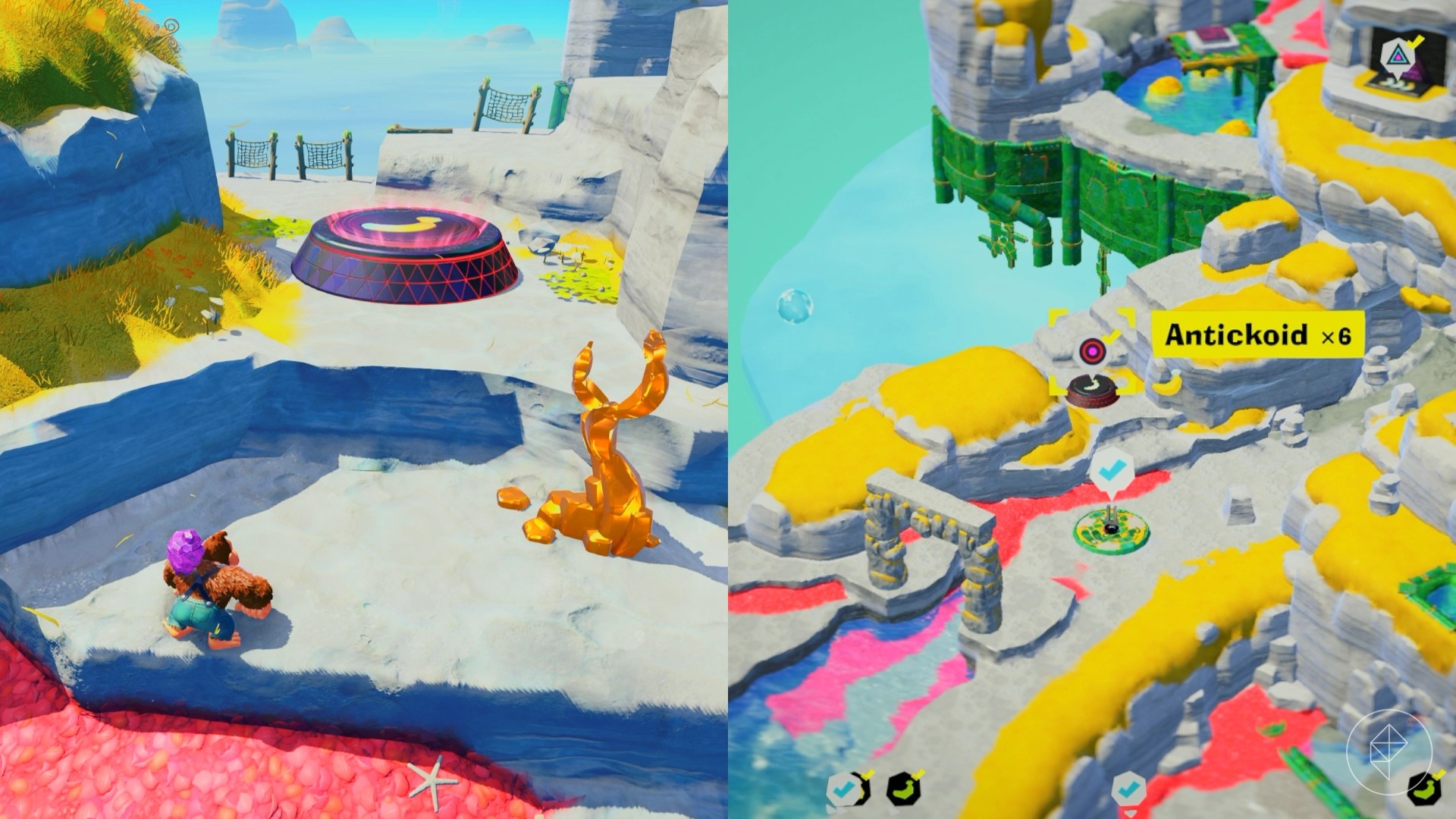 DK climbs up cliffs leading to the Antickoid x6 gem in a split image showing a map of where to find Lagoon Layer Banandium Gem
