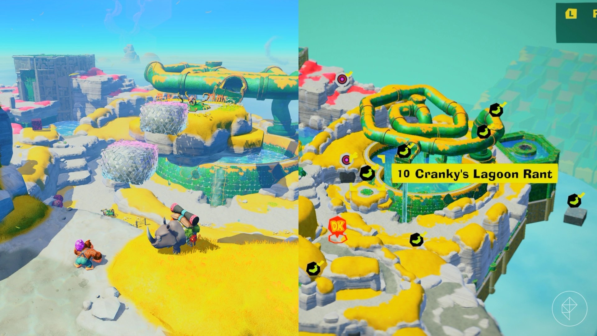 DK gazes out at the Lagoon Layer to search for the Cranky’s Lagoon Rant gem in a split image showing a map of where to find Lagoon Layer Banandium Gem