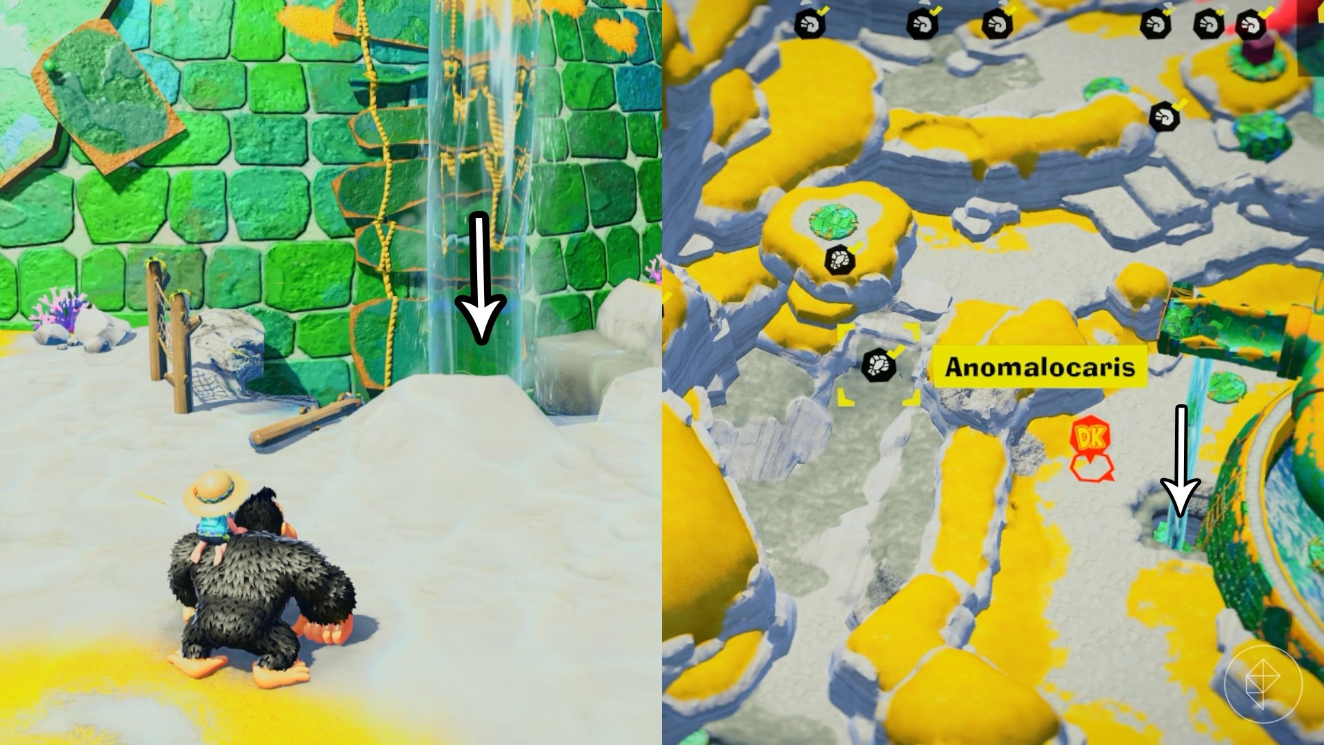 Donkey Kong looking at an entryway in the floor with an arrow depicting its location in Donkey Kong Bananza.
