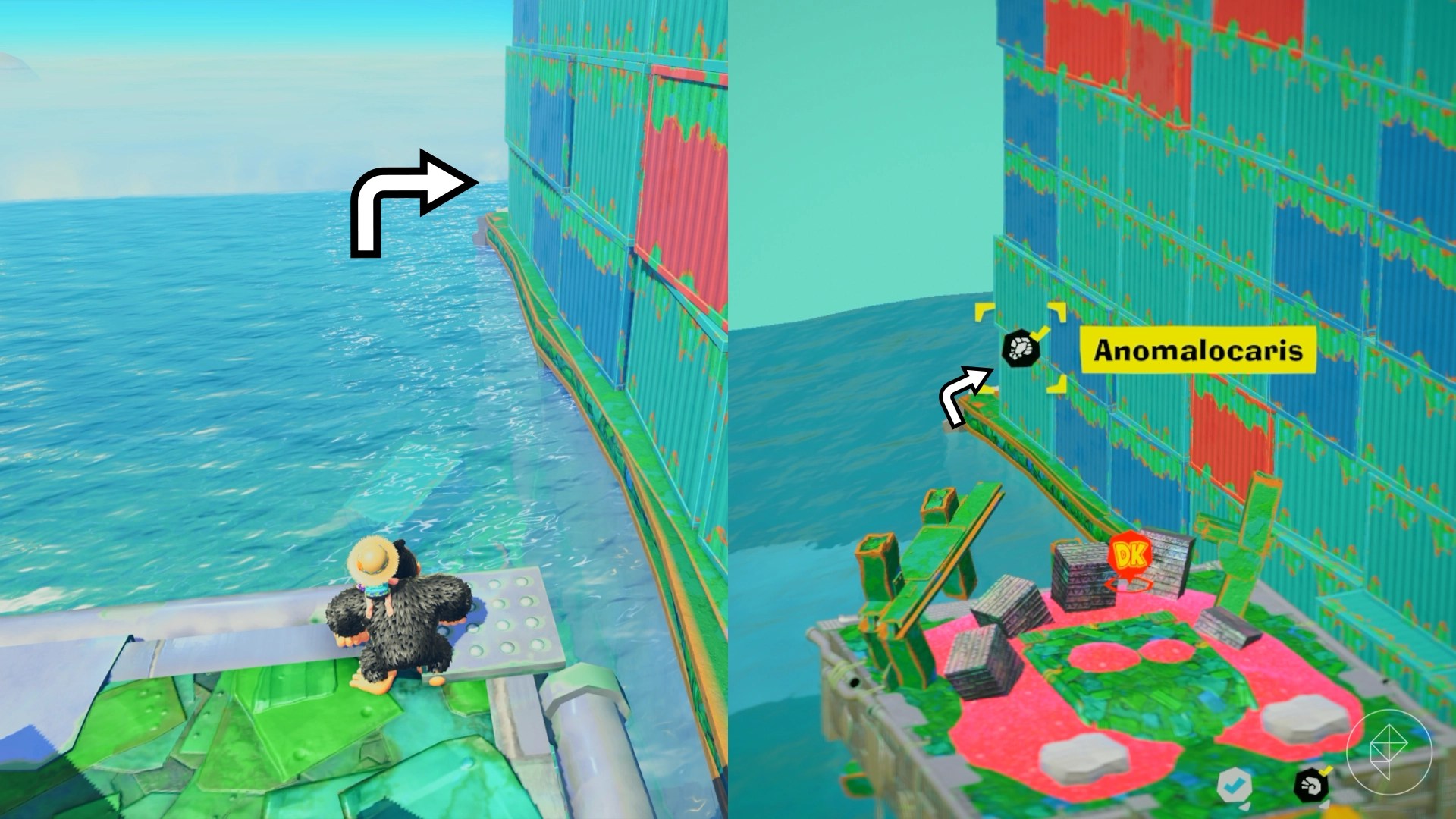 An arrow depicting the location of an anomalocaris fossil in the Lagoon Layer of Donkey Kong Bananza.