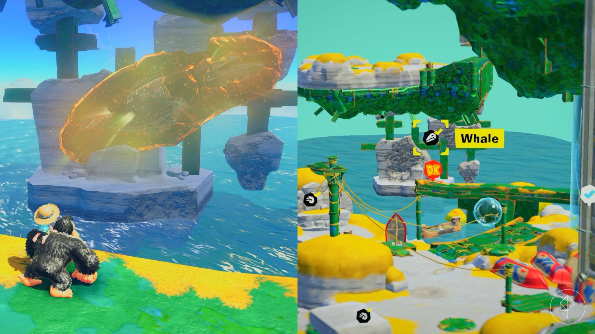 Donkey Kong staring at a huge glowing whale fossil in the Lagoon Layer of Donkey Kong Bananza.