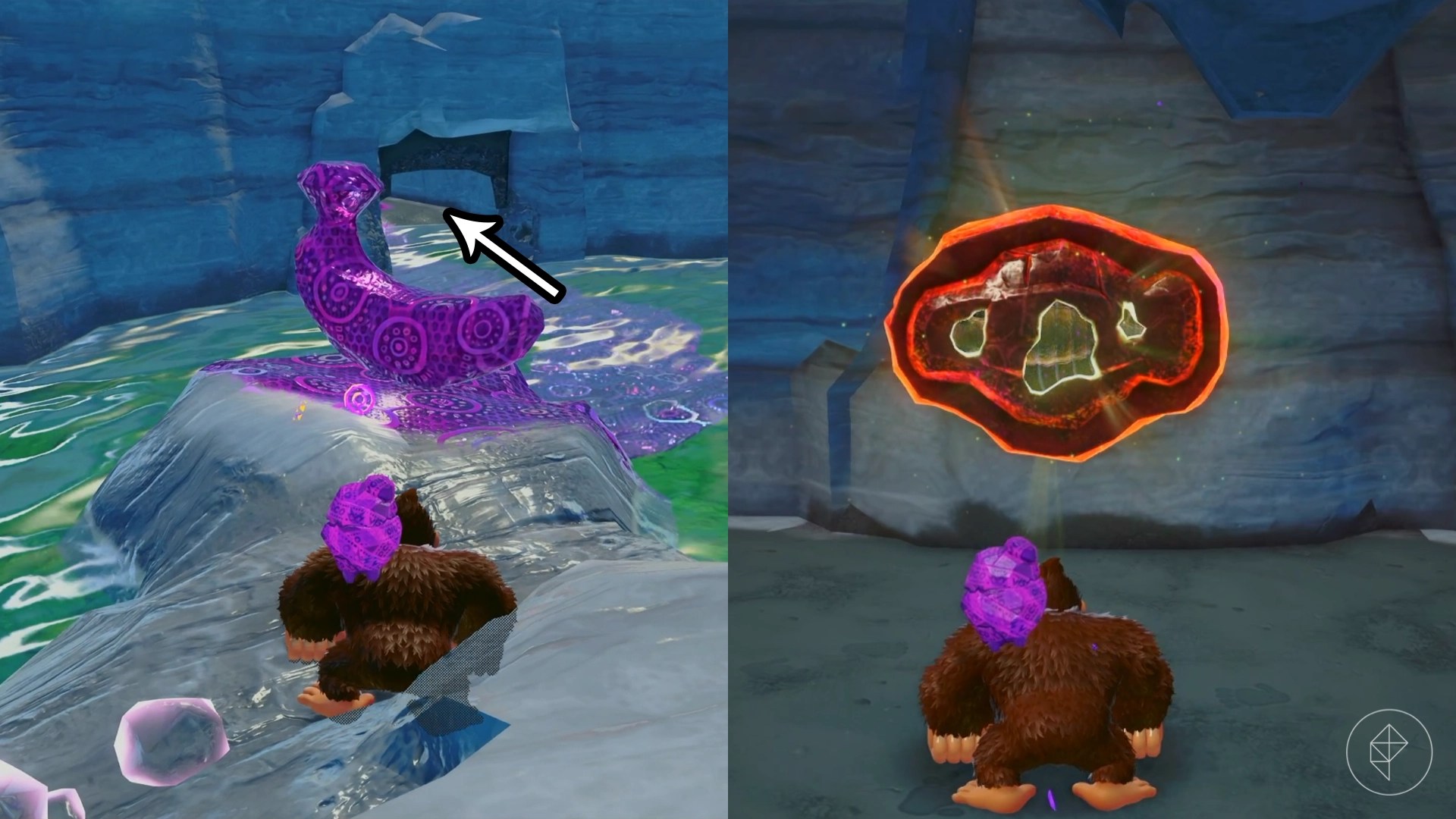 Donkey Kong and a rock standing in front of a purple banana and an arrow showing an opening in the wall in Donkey Kong Bananza.