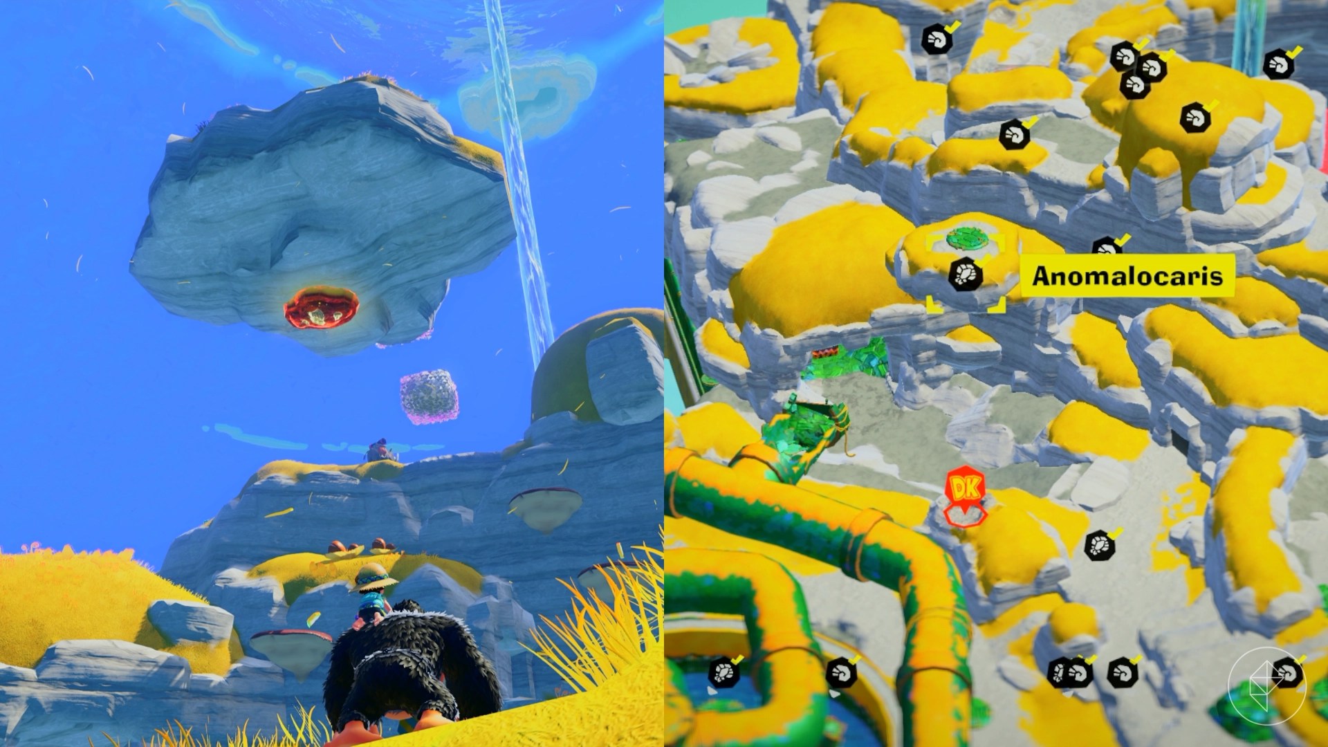 Donkey Kong looking at the underside of a floating island in Donkey Kong Bananza.
