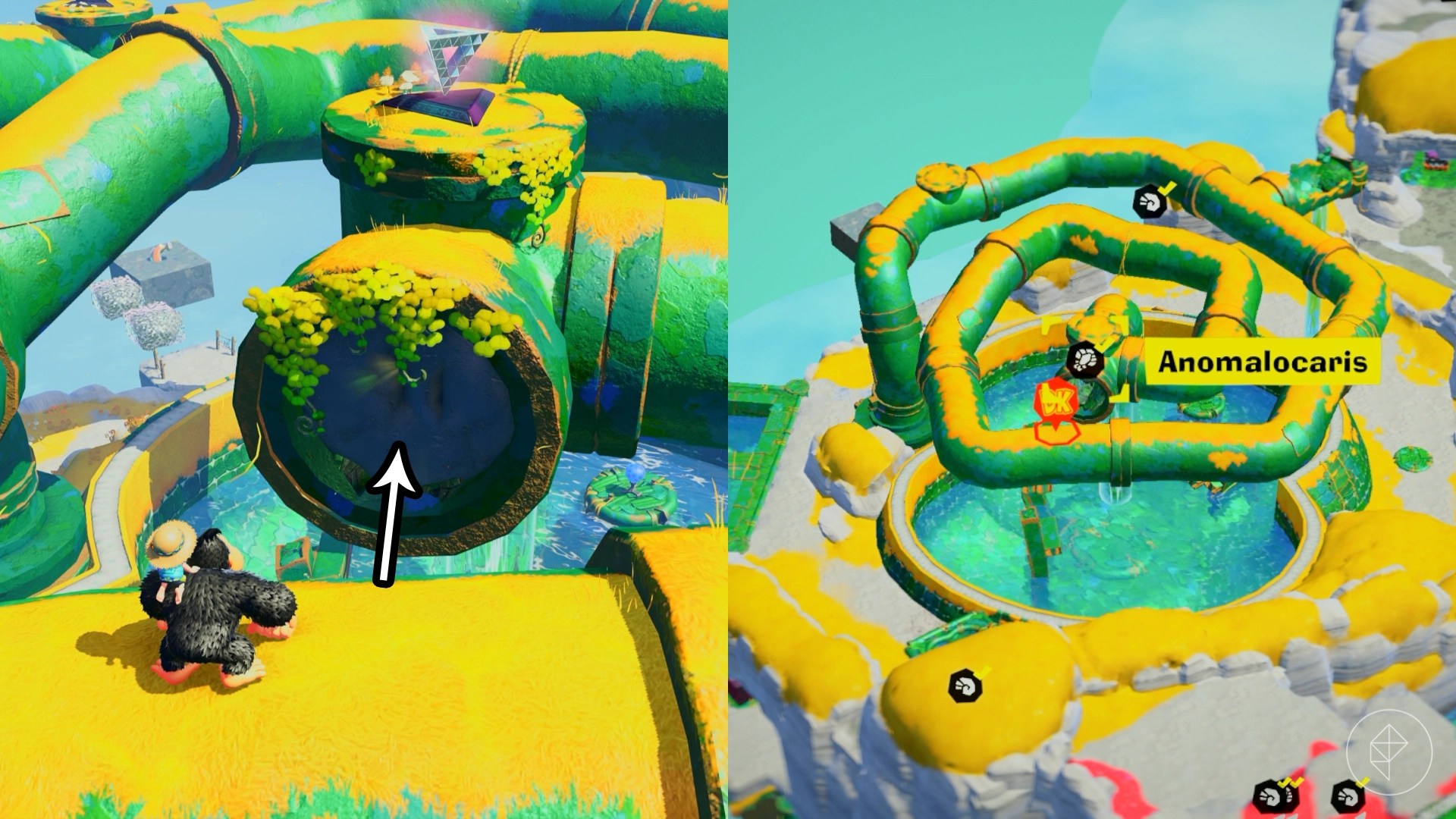 Donkey Kong looking at a stone wall on the side of a pipe in Donkey Kong Bananza.