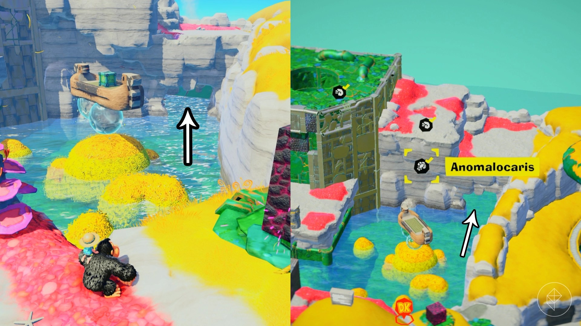 An arrow depicting a cave opening in a lake in the Lagoon Layer in Donkey Kong Bananza.