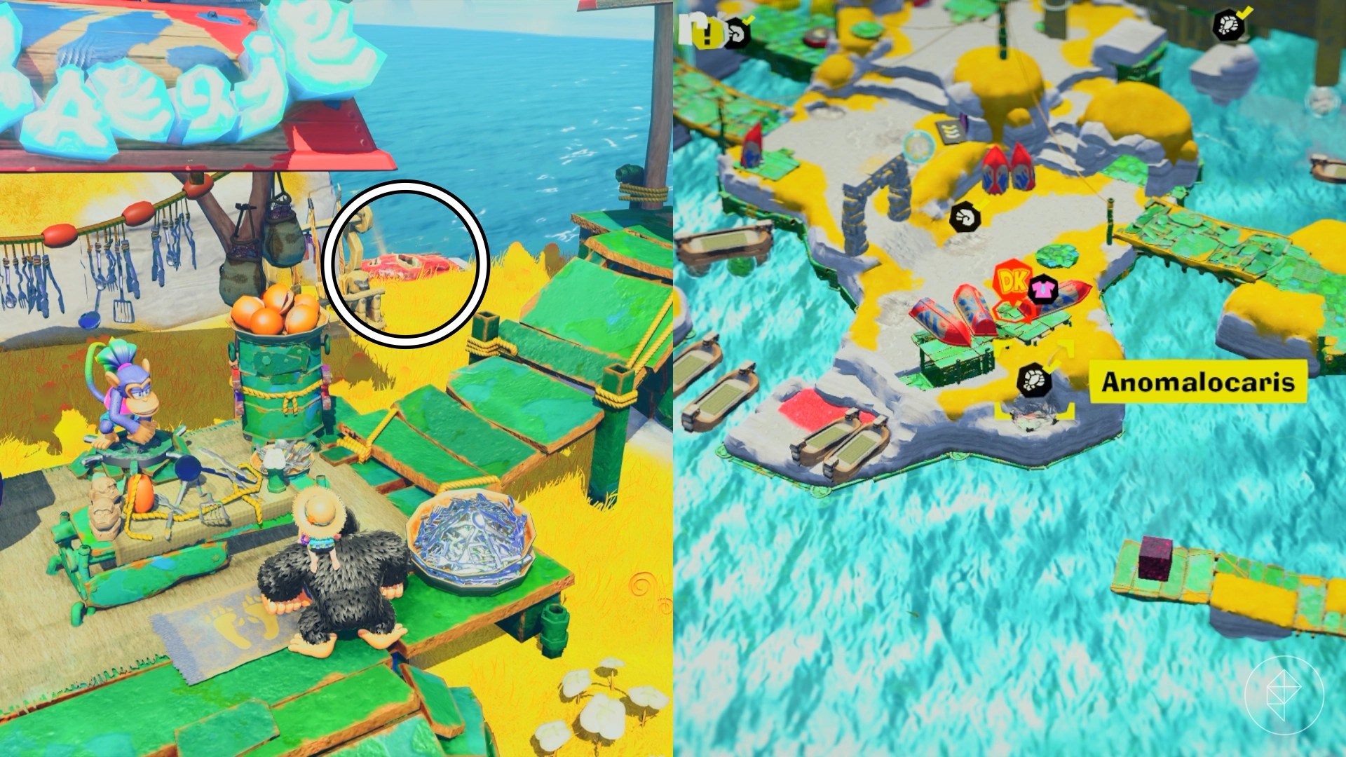 A circle indicating the location of the fossil behind the Style Shop in the Lagoon Layer of Donkey Kong Bananza.