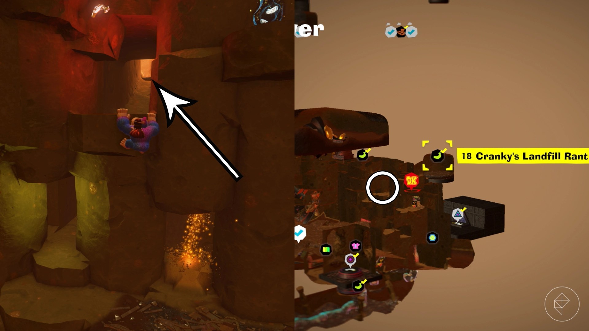 Donkey Kong climbing a wall with an arrow pointing towards a hold in the wall in Donkey Kong Bananza.