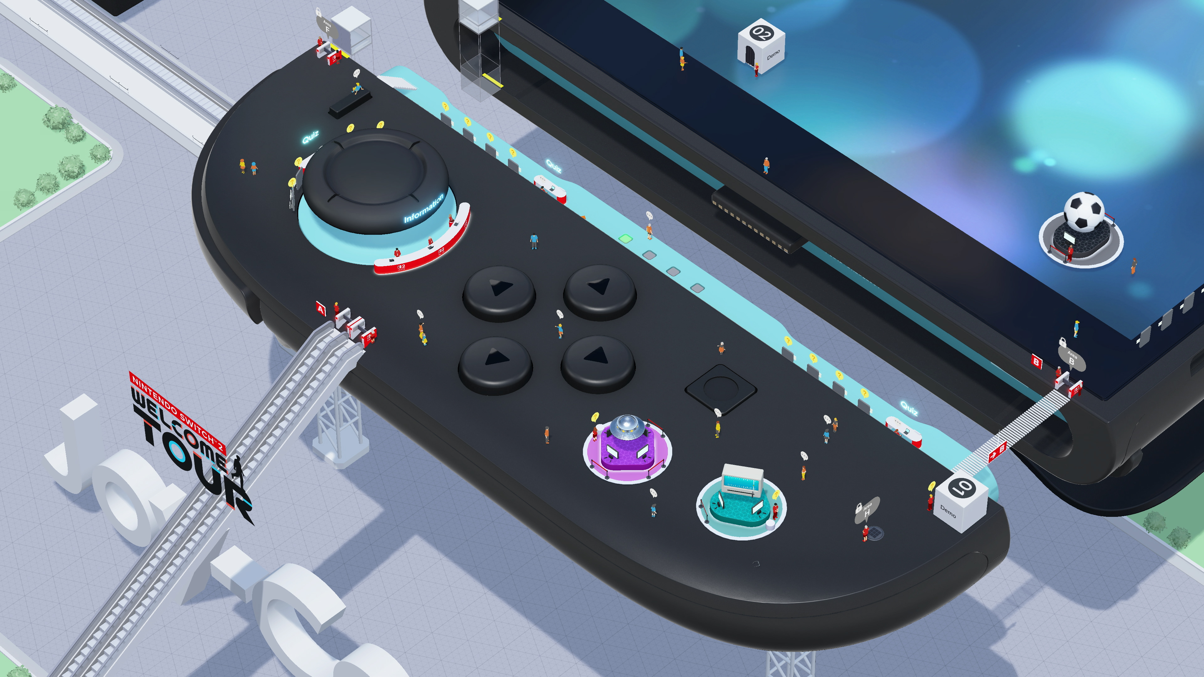 an overhead angle view of the left Joy-Con 2 in Nintendo Switch 2 World Tour, with escalator leading up to it from the ground