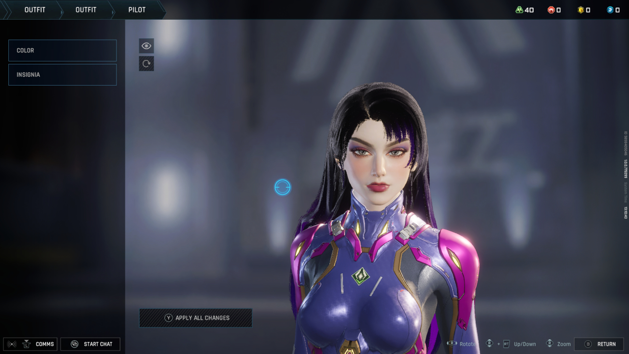 A pale female pilot with long black-and-purple hair faces the camera. She wears a pink-and-purple bodysuit, pink lipstick, and dramatic eye makeup.