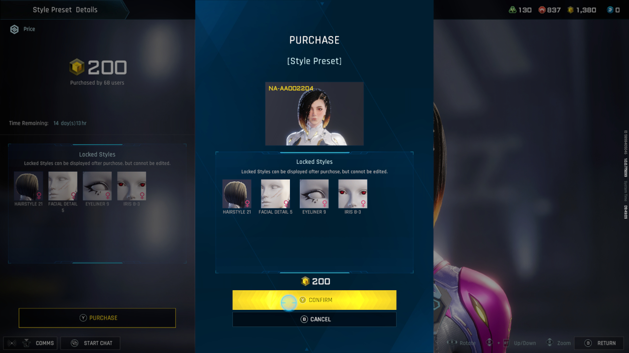 A view of a for-sale player-made character, showing the different styles that are all locked to this specific pilot.