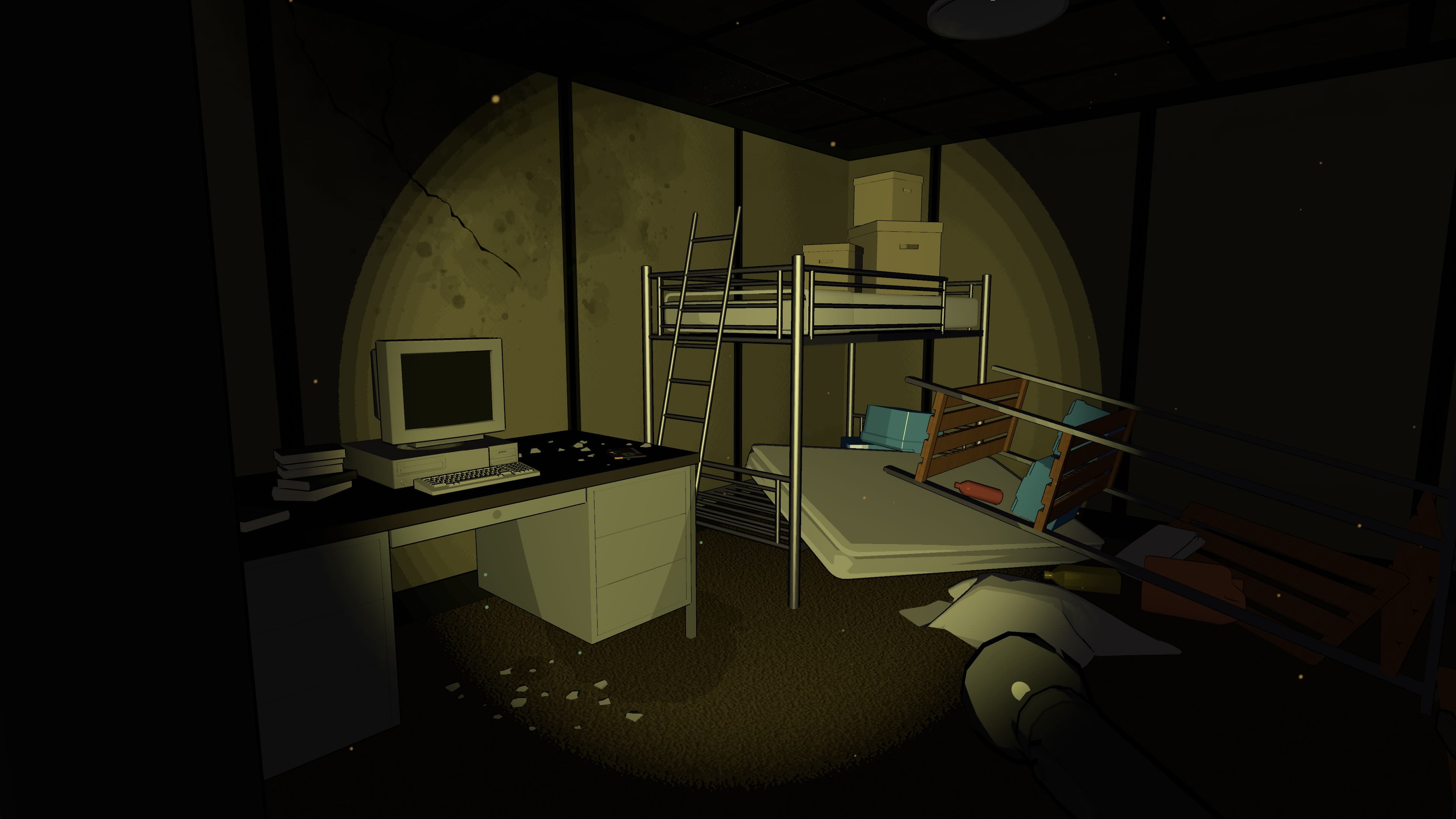 Missile Command Delta player shines a flashlight in a dark room with Cold War era corporate furniture