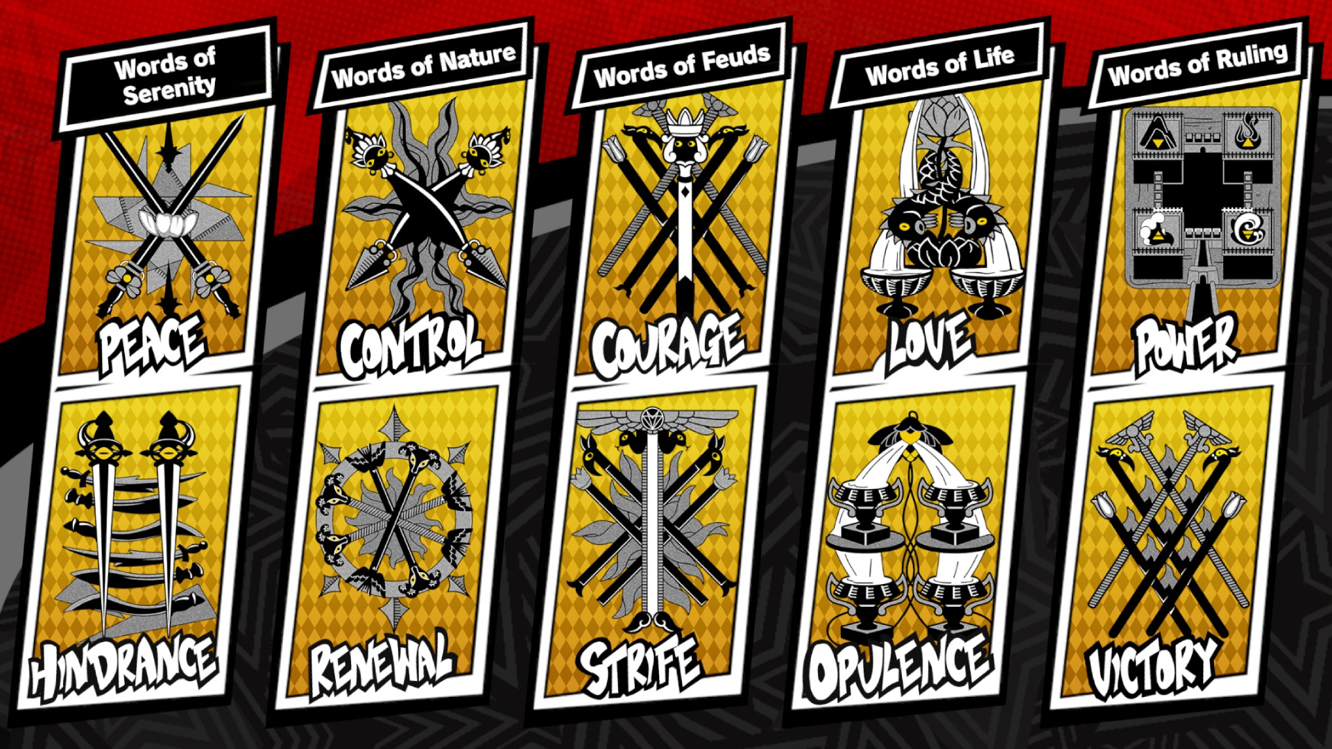 A set of 10 arcana cards with unique names in Persona 5 The Phantom X.