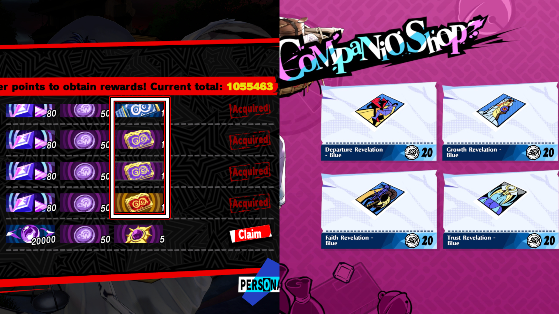 Variations of the Space Revelation Card highlighted in two different menus of Persona 5: The Phantom X.