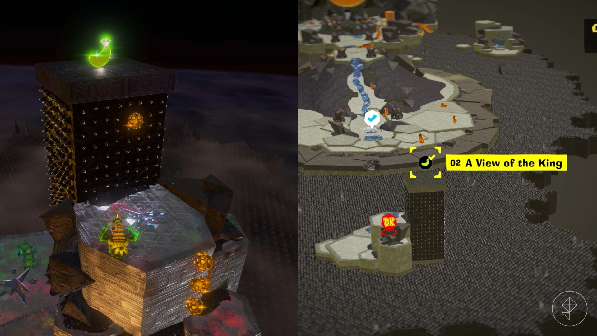 Snake DK climbs up a spiky tower to a Banandium Gem in Donkey Kong Bananza.